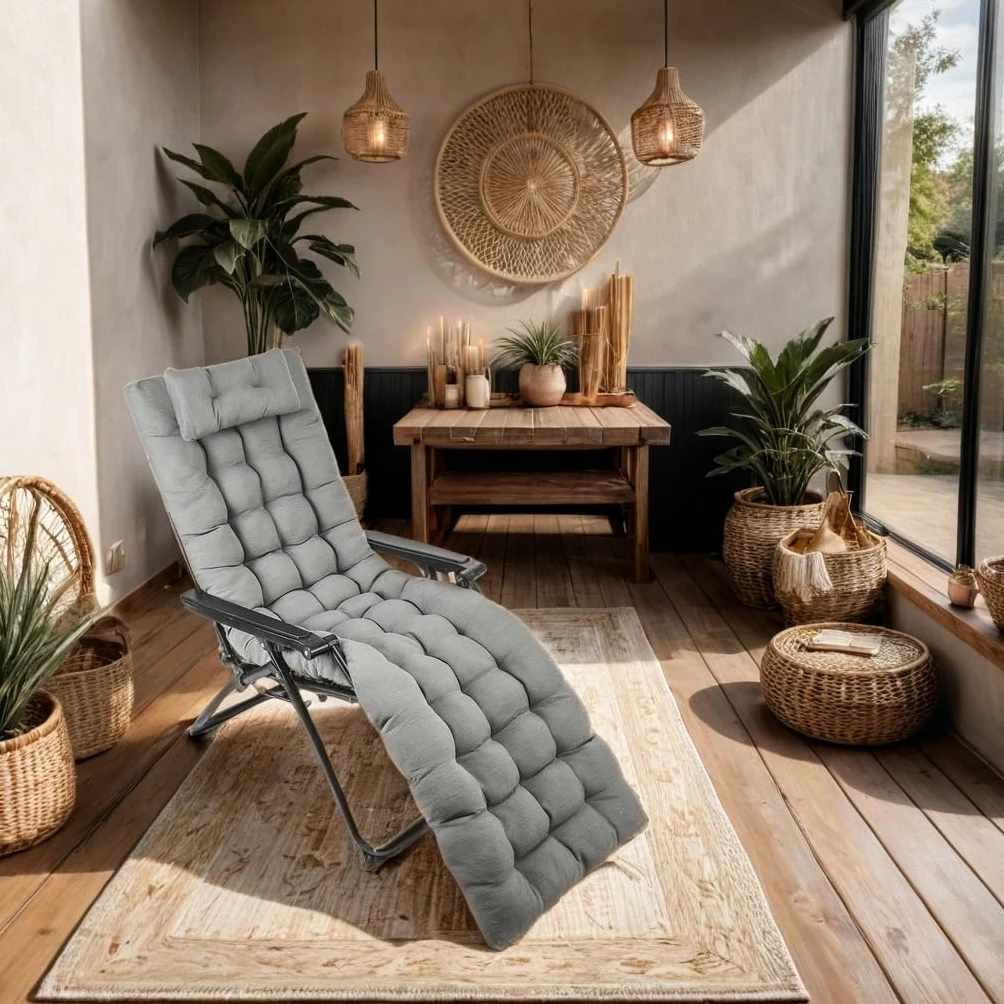 Cojín Tumbona Reclinable con Almohada Reposacabeza Gris 180x55cm