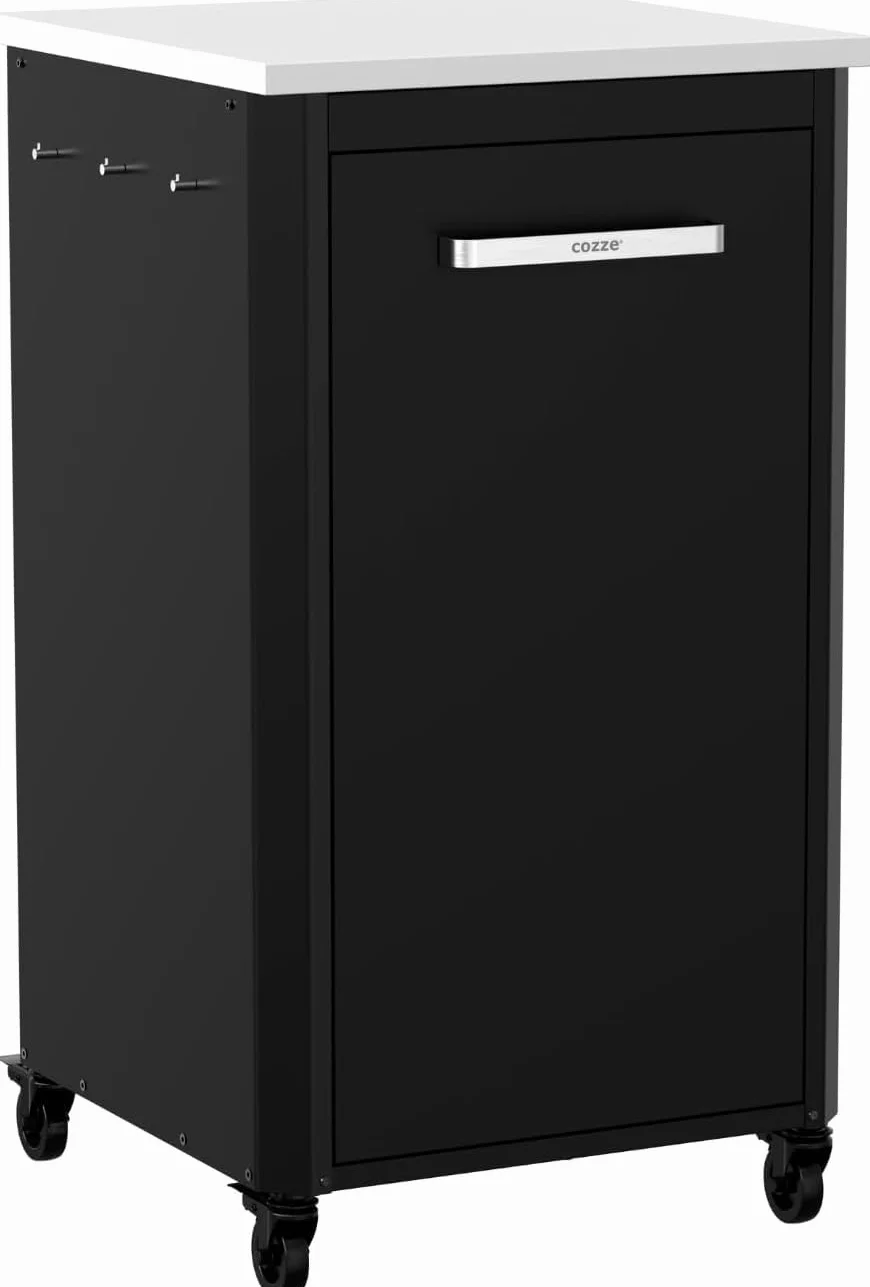 Cozze® | Cocina Exterior 60 Alta H110 cm | Encimera de Acero Inoxidable SS430 | Diseño Modular | 1 Puerta con Soporte para bombona | 6 Ganchos | Ruedas Ø75 mm | Estructura de Acero Lacado Negro