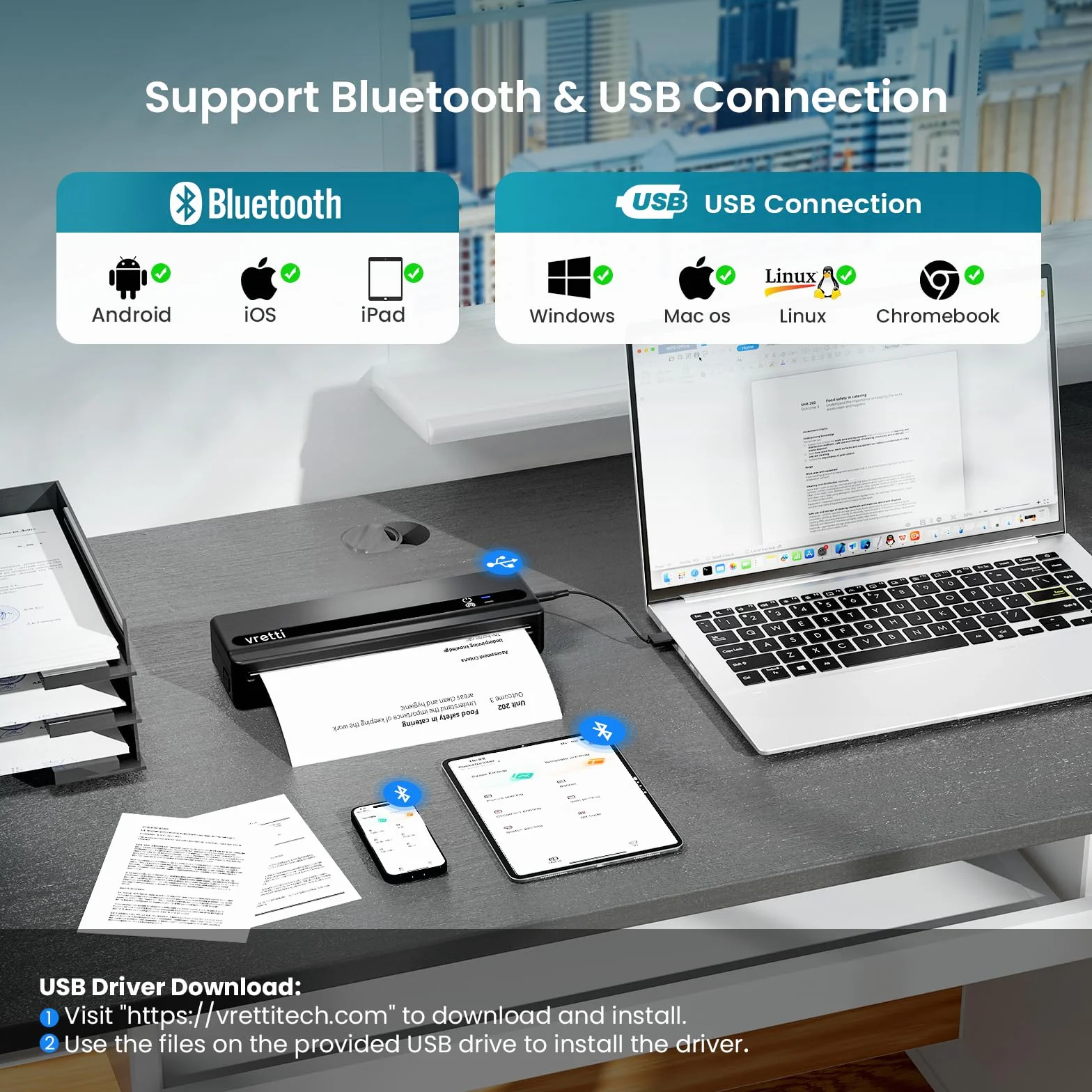 vretti PB821 Impresora térmica portátil A4 Bluetooth Android iOS
