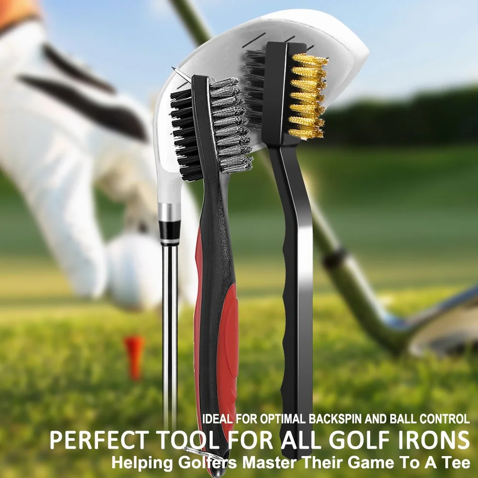 Senhai Limpiadores de Ranura para Palos de Golf de 3 Piezas, Metal cerdas PP, con mosquetón de Aluminio retráctil