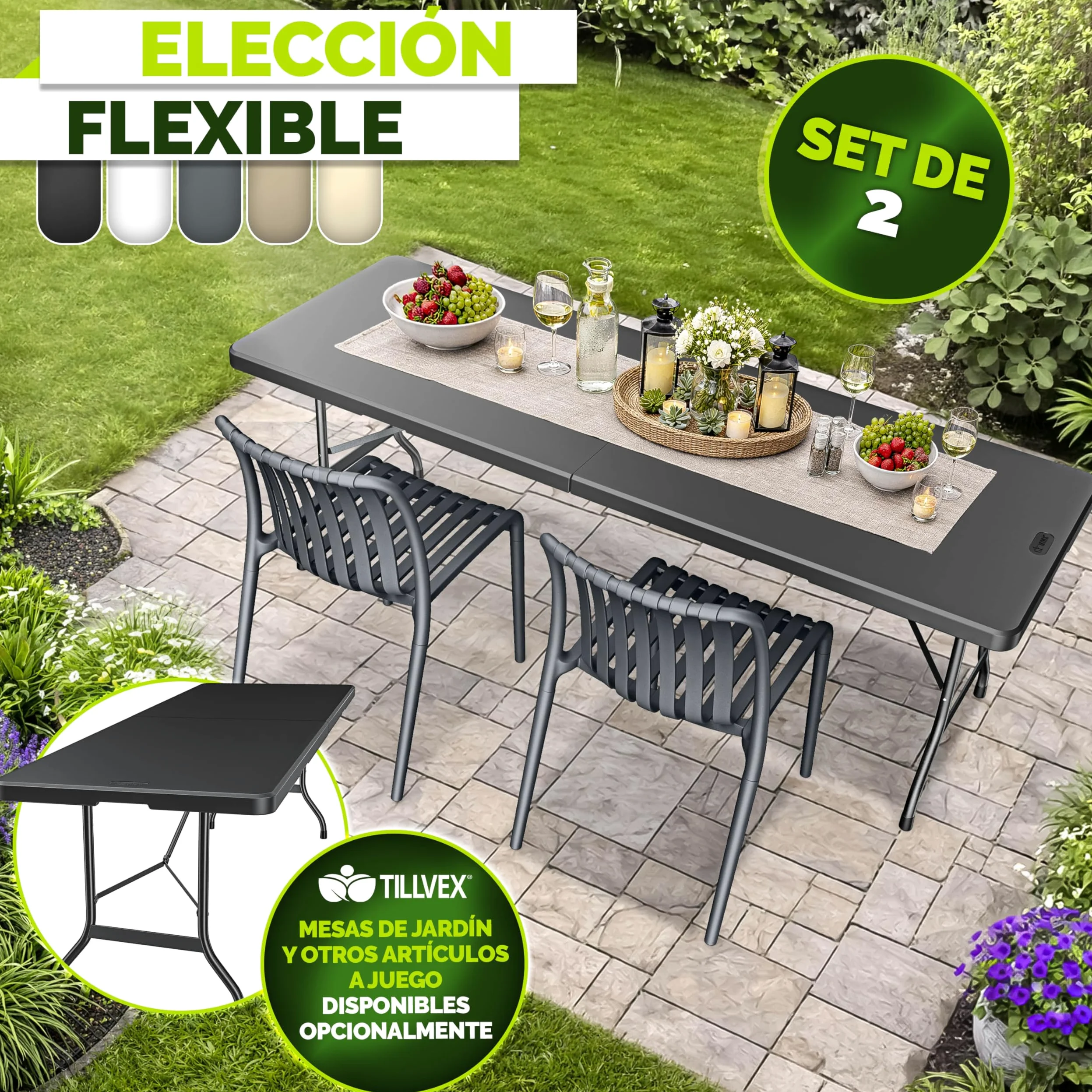 tillvex Juego de 2 sillas de jardín apilables, resistentes a la intemperie, sillas de exterior de hasta 120 kg, sillas de jardín para exteriores, muebles de terraza, balcón, jardín, terraza