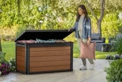 Keter Cortina - Arcón exterior, Baúl almacenaje, Capacidad 380L, Resina, Color marrón, Ordenación jardín y terraza, 123x62x71 cm