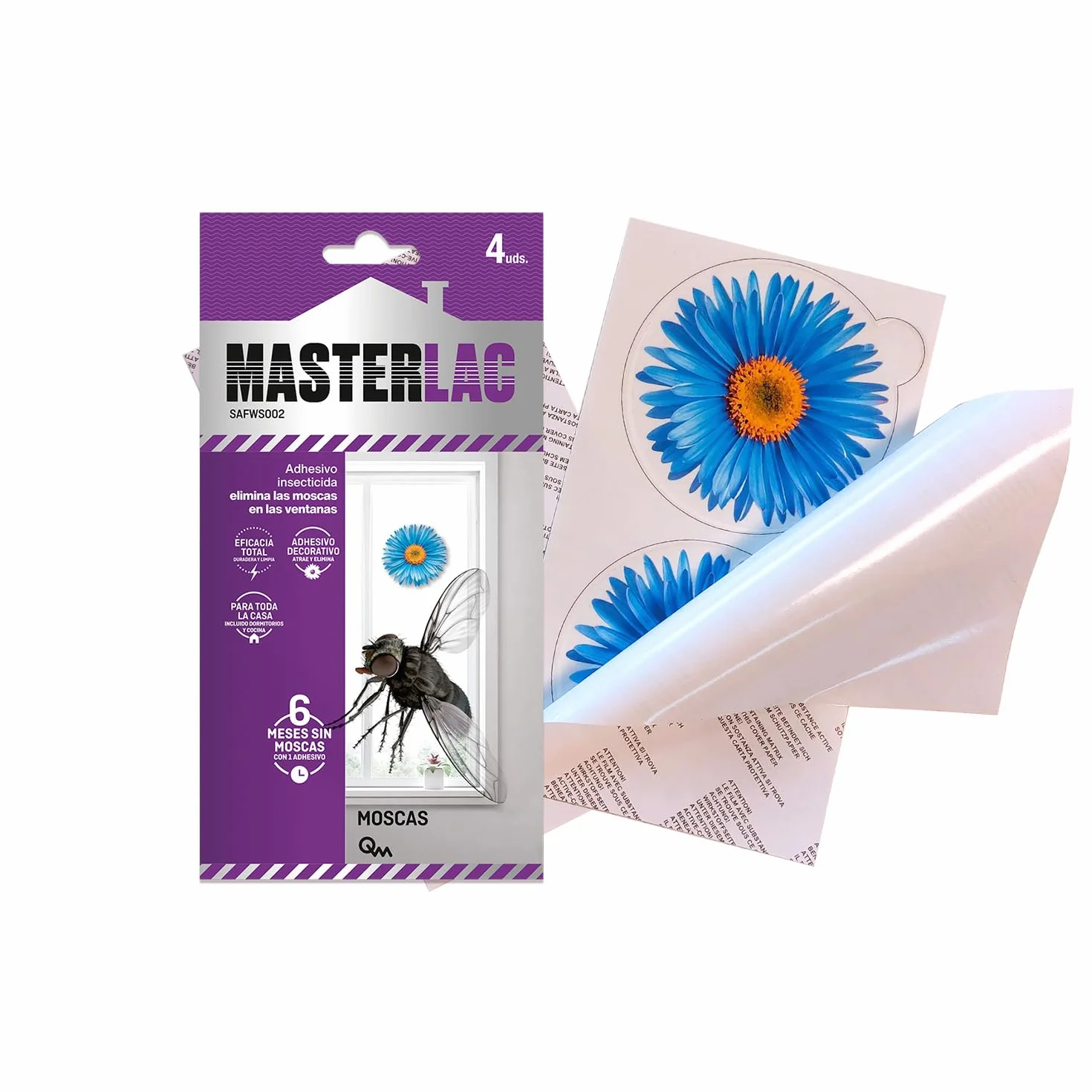 MASTERLAC - Insecticida Moscas Adhesivo-Flor - 4 Uds - Insecticida Decorativo Ventanas - 1 Adhesivo Protege 6 Meses - las Moscas Mueren Lejos de la Trampa - con Dinotefurán - Eficacia Total sin Olores