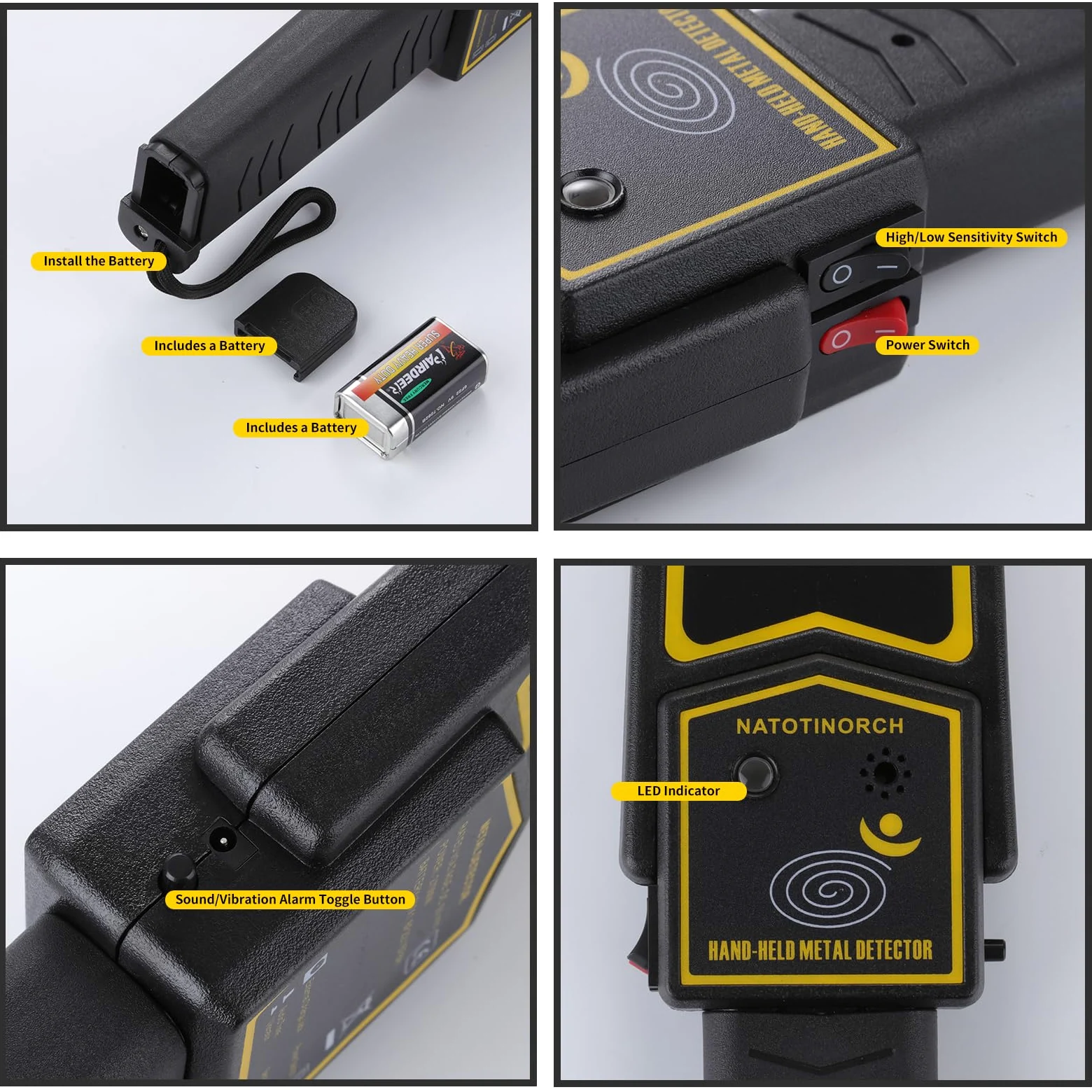 Natotinorch Detector de Metales de Mano, escáner de Seguridad, Varita de Seguridad de Alta sensibilidad, detección de Varios Productos electrónicos de Metal