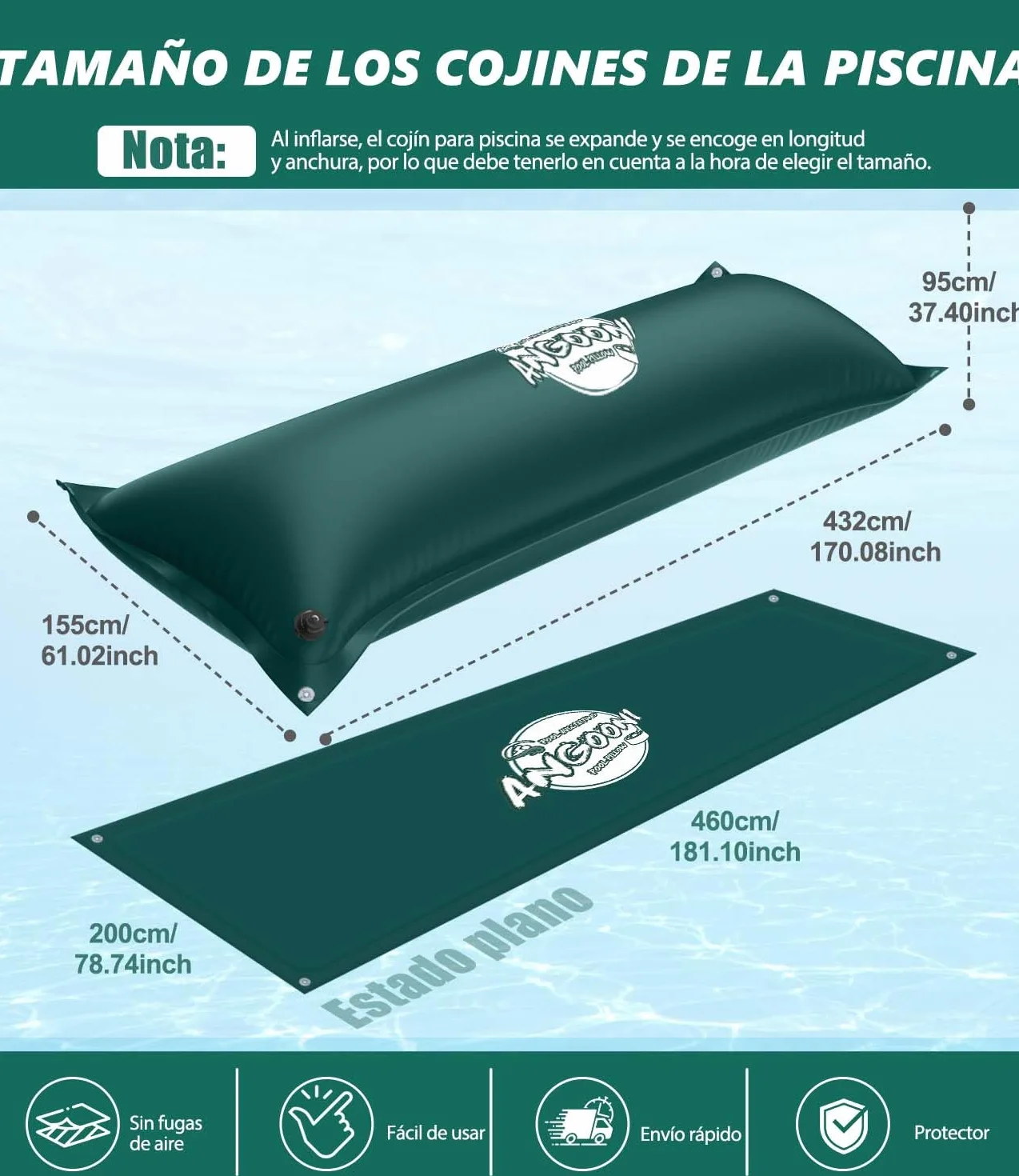 Angooni Cojín de piscina de invierno 200 x 450 cm XXL (para piscinas de 320 – 750 x 550 – 860 cm) | Cojín de aire para piscina con doble costura para cubierta de piscina | Cojín de piscina para el