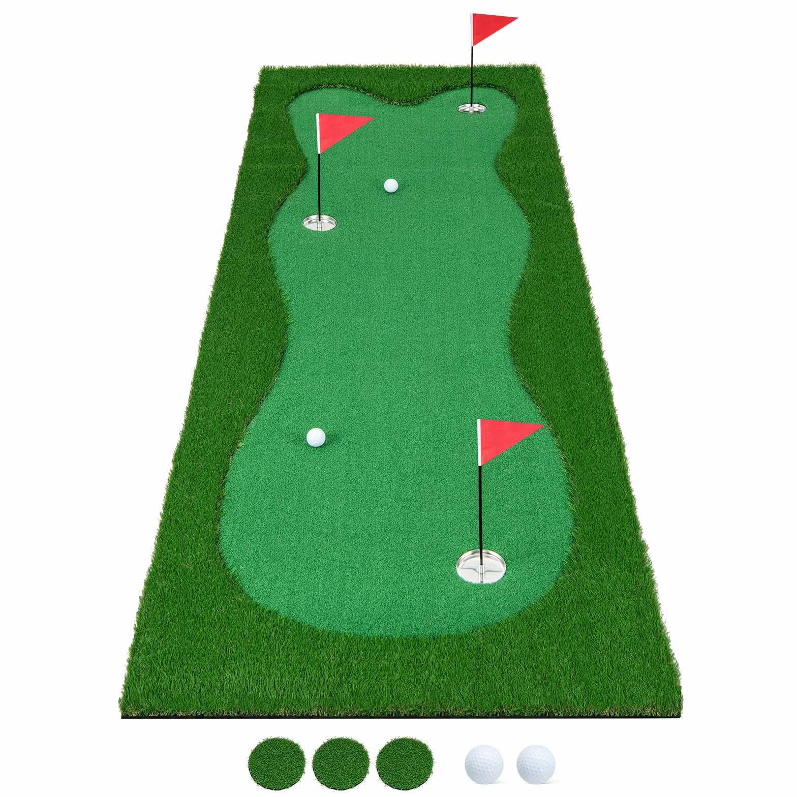 COSTWAY Alfombra de Putting de Golf 300x100 cm 3 Hoyos Banderas Tazas