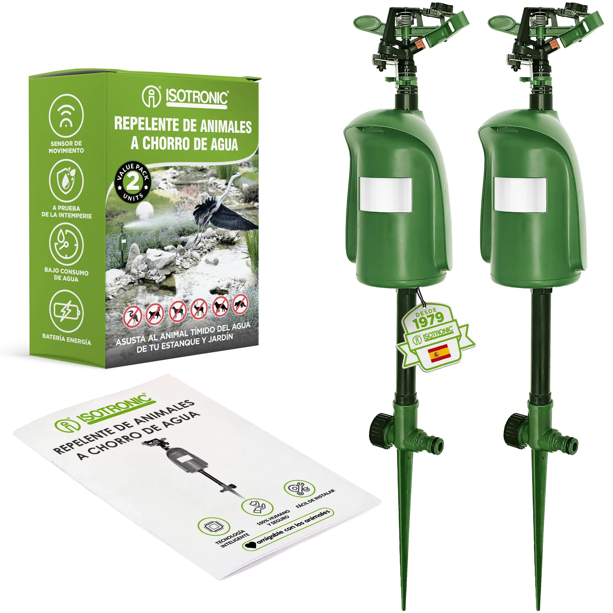 ISOTRONIC Repelente de Animales con Chorro de Agua — Ahuyentador de Gatos y Garzas con Detector de Movimiento 120° — Radio Ajustable para Jardín y Estanque — Defensa Eficaz (2 Unidades)