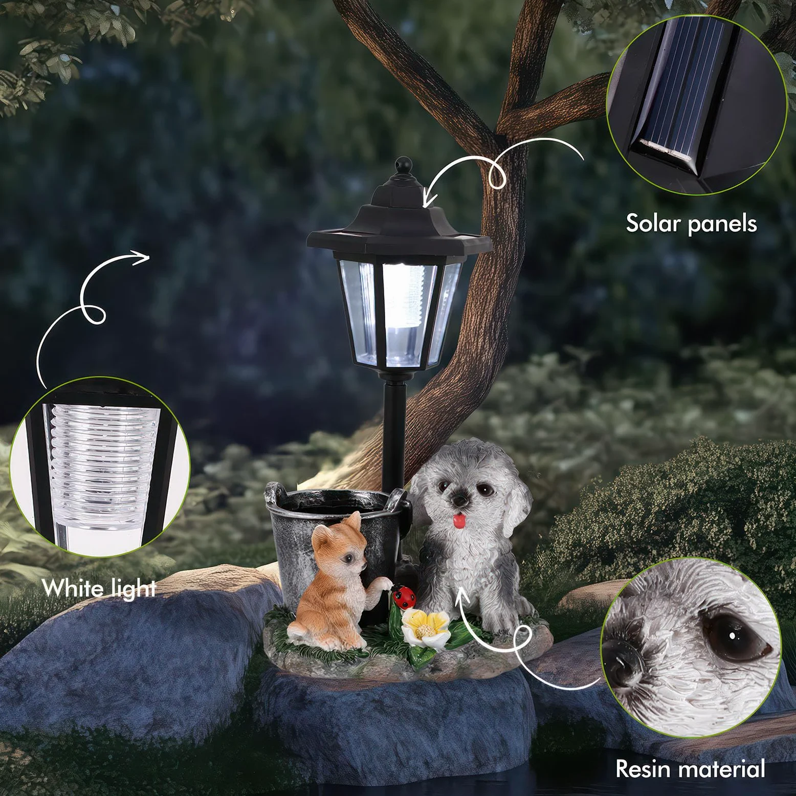 Estatua de jardín para perros con luz solar, decoración exterior, resistente al agua y linda