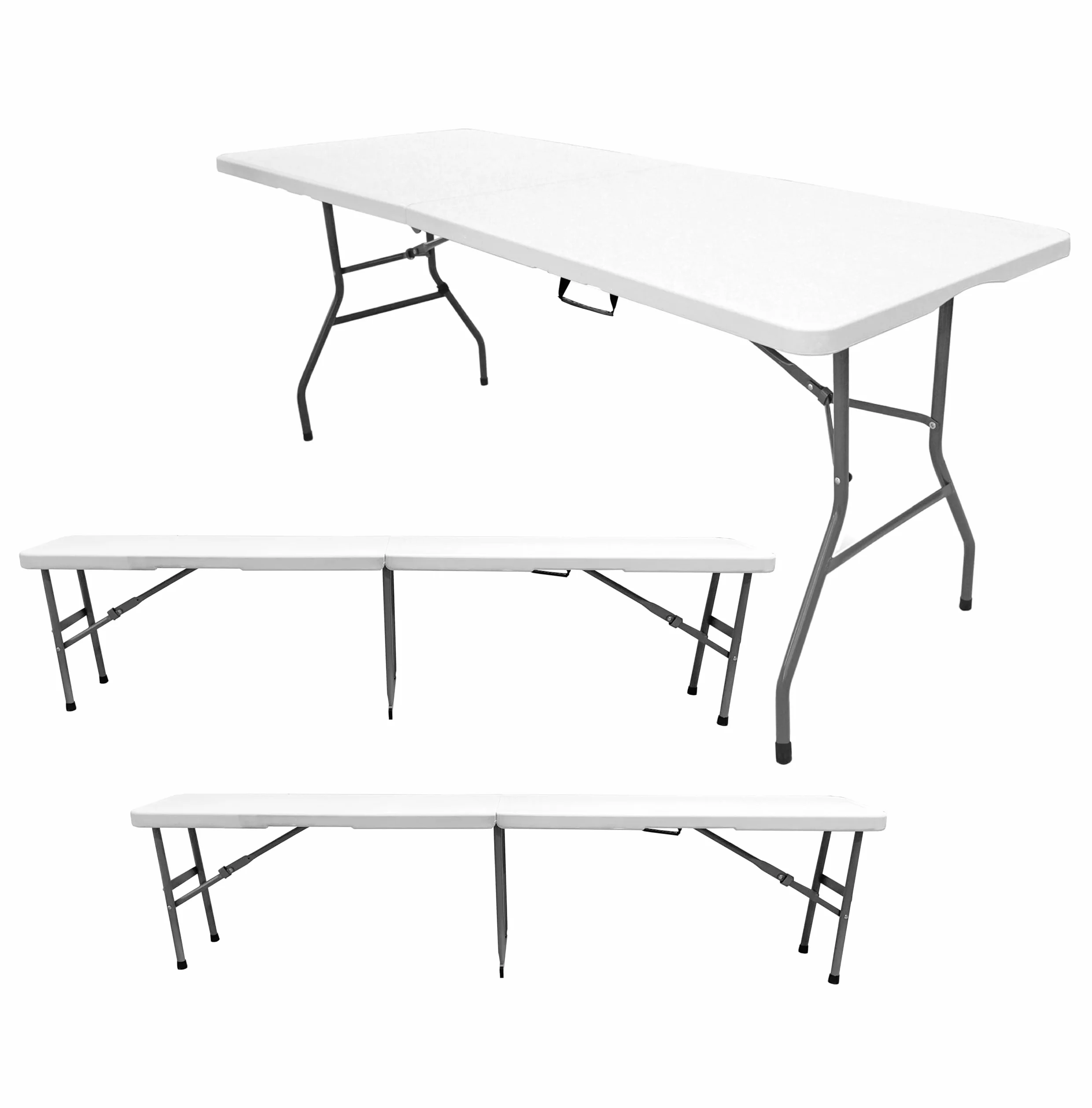 The Homeweeks Pack Mesa Plegable con 2 Bancos Solid 180cm portátiles | Normativa Uso público Interior/Exterior | Capacidad 6/8 Personas | Carga 150 kg Mesa y 300 kg por Banco Multiusos jardín