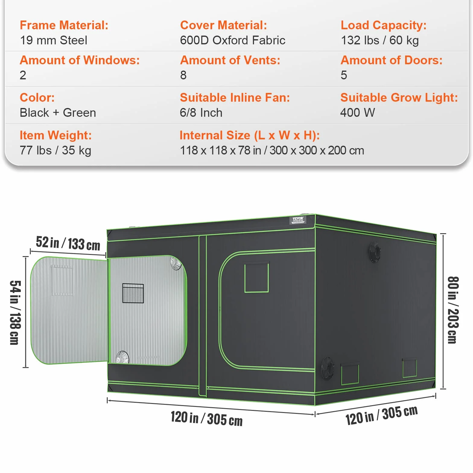 VEVOR Armario de Cultivo 305x305x203 cm Carpa de Cultivo Hidropónico Mylar 600D Altamente Reflectante con Ventana de Observación, Bolsa de Herramientas, Bandeja de Piso para Cultivo de Plantas