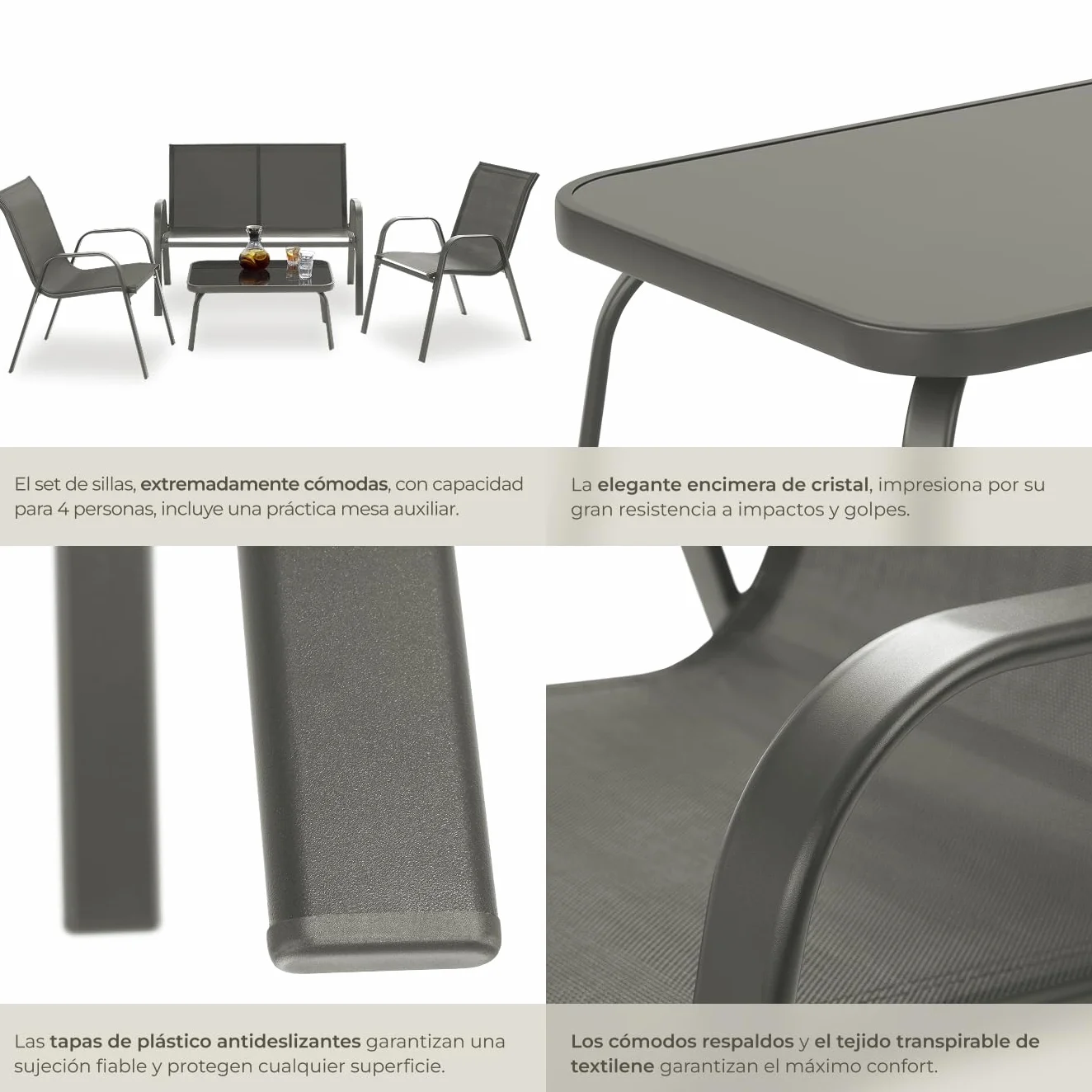 tectake® Conjunto Jardin Exterior para 4 Personas, Muebles Jardin Exterior con Estructura de Acero, Mesa con Vidrio de Seguridad, Muebles Terraza y Sofa Terraza - Antracita