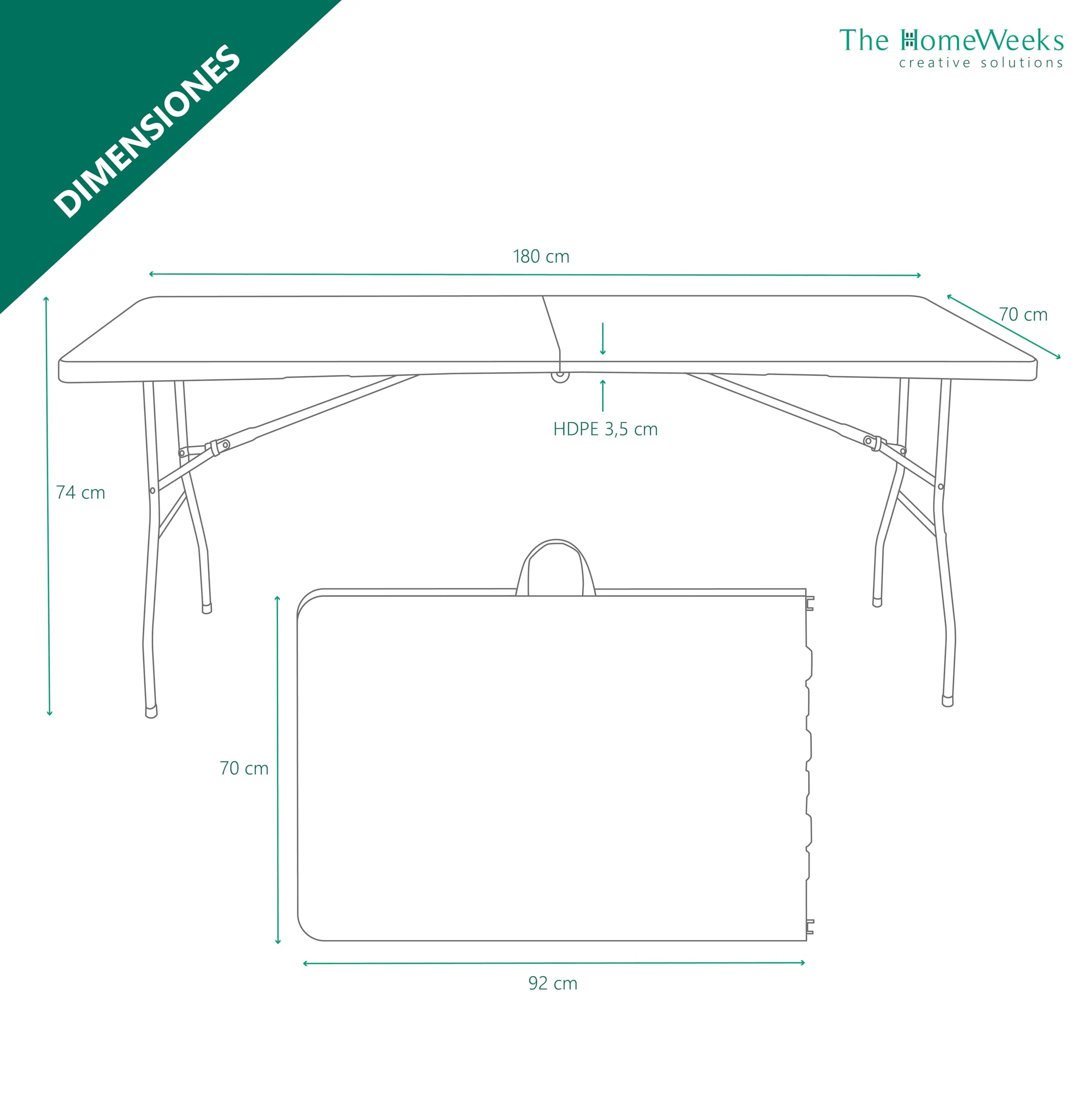 The Homeweeks Mesa Plegable Solid 180cm Portátil | Normativa Uso Público Interior/Exterior | Tablero Resina HDPE 3,5cm | Capacidad 6/8 Personas y Carga 150 kg | Multiuso