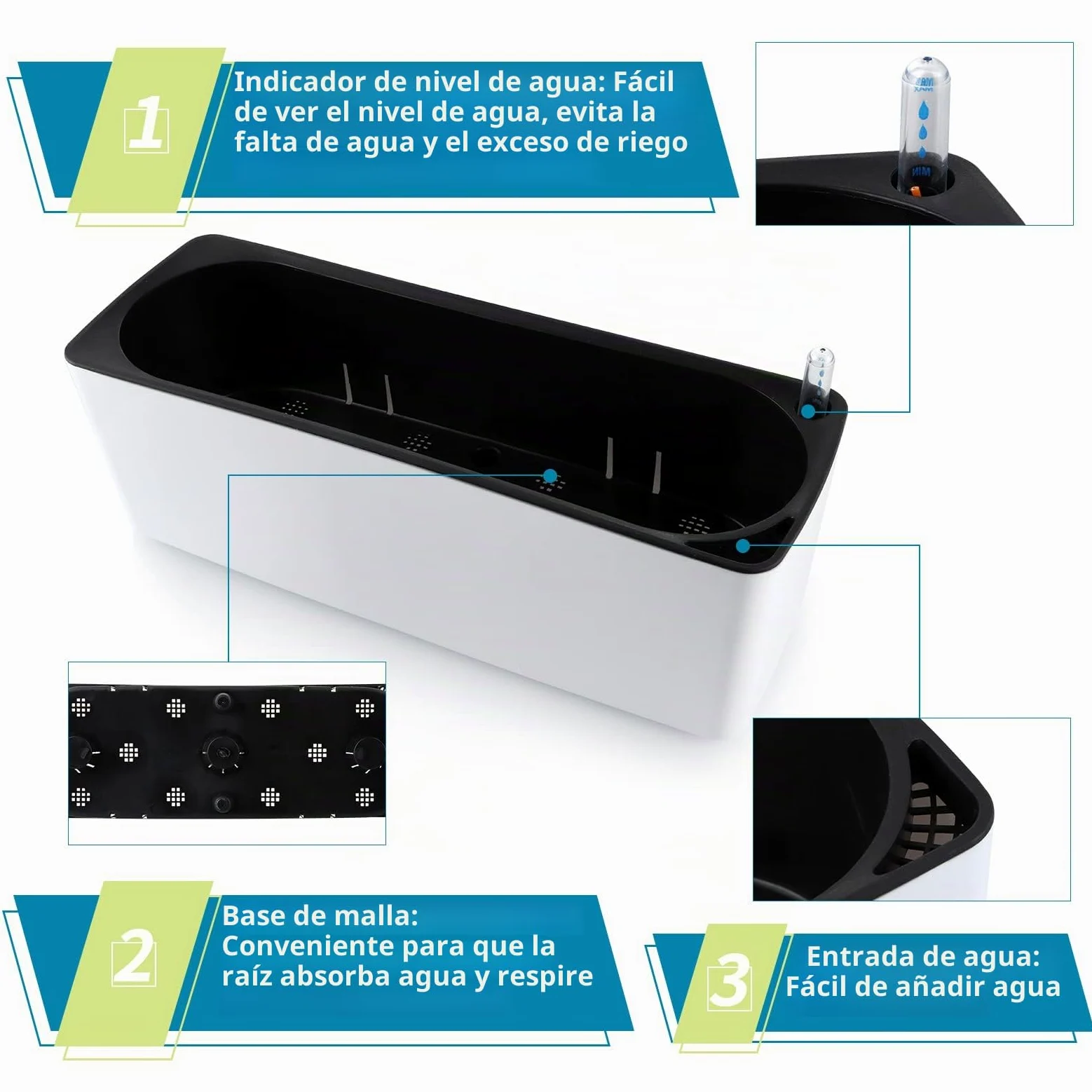 Skelang 2 Pcs Macetas de autorriego, Maceta Rectangular con indicador de Nivel de Agua, Jardinera para Plantas de Interior, suculentas, brotes, Pimienta