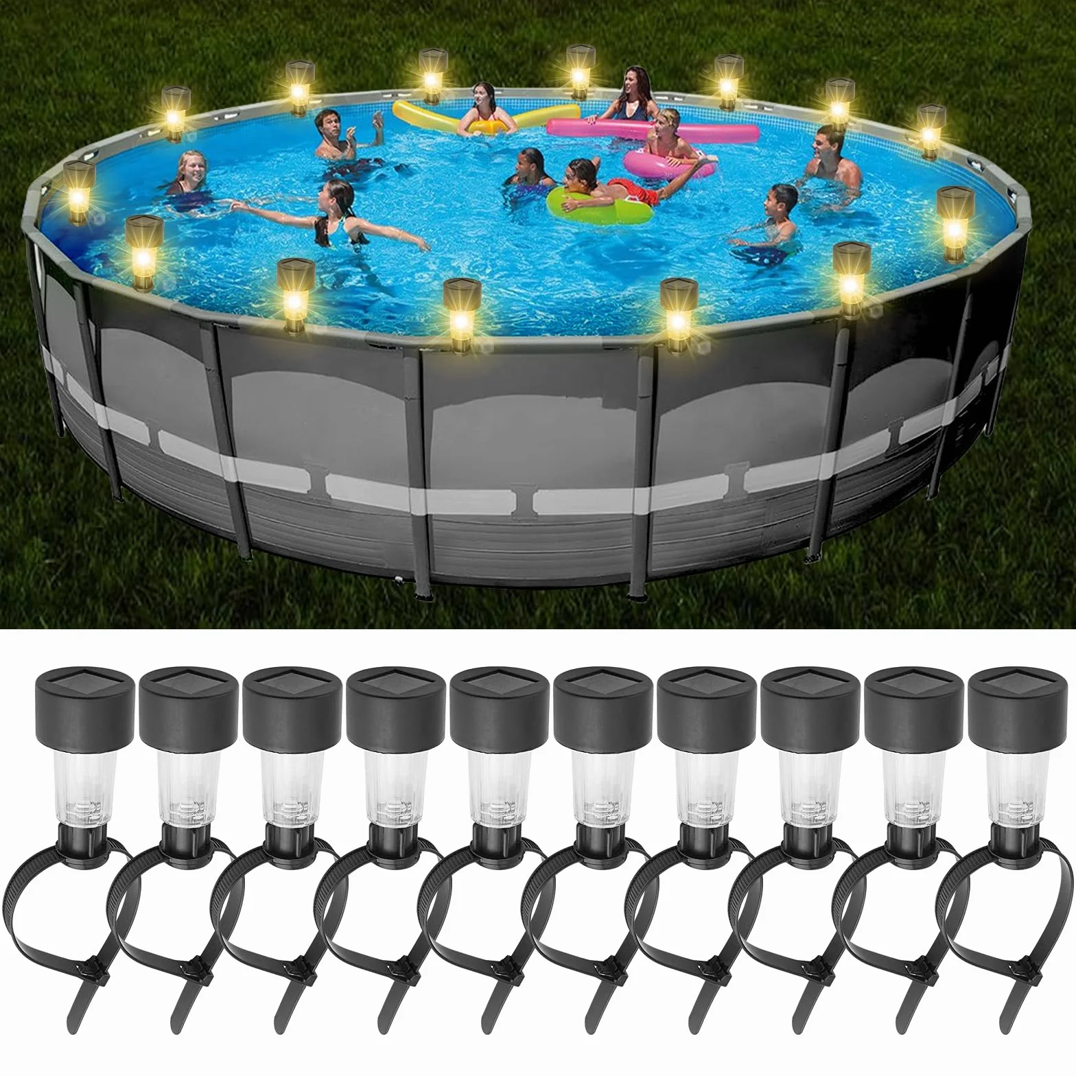 BORDEAG 10 luces para piscina, luces solares para vallas, luces LED para piscina, iluminación de estanque, luces solares para piscina, impermeables, para decoración de jardín
