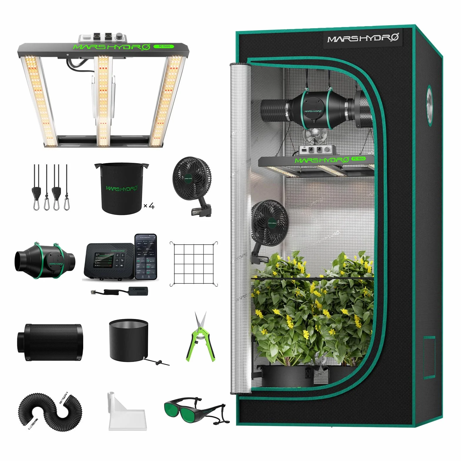 MARS HYDRO Grow Tent Juego Completo FC1500 Samsung 301H EVO Led Grow Lámpara de Espectro Completo Regulable ， con 80X80X160cm Growtent ， 4» Ventilación Sat con Controlador Digital