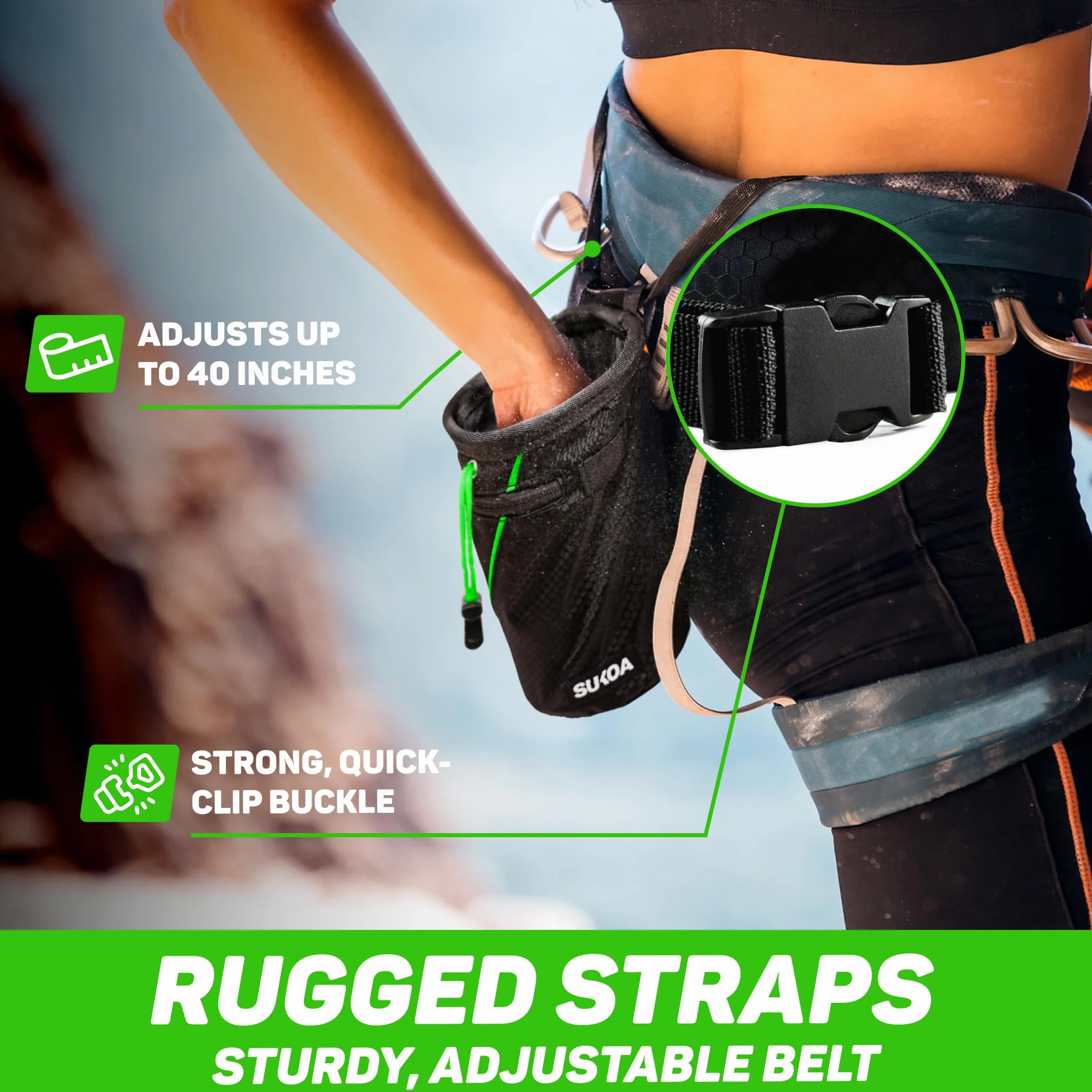 Sukoa Bolsa de Tiza para Escalada en Roca, Cubo con Cinturón de Clip Rápido y 2 Bolsillos Grandes con Cremallera