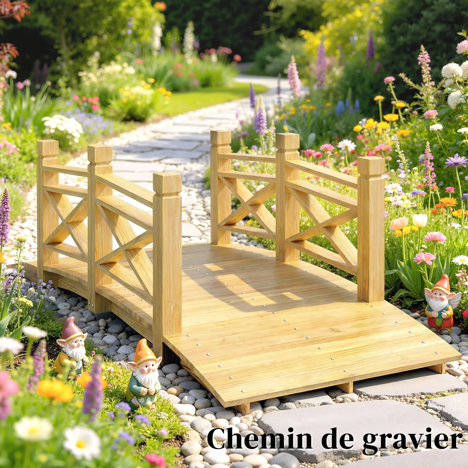 Outsunny Puente de jardín de madera carbonizada arqueada 1,74 m – Pasarela con mano corredora segura y carga 200 kg – Decoración exterior tratada y resistente, natural
