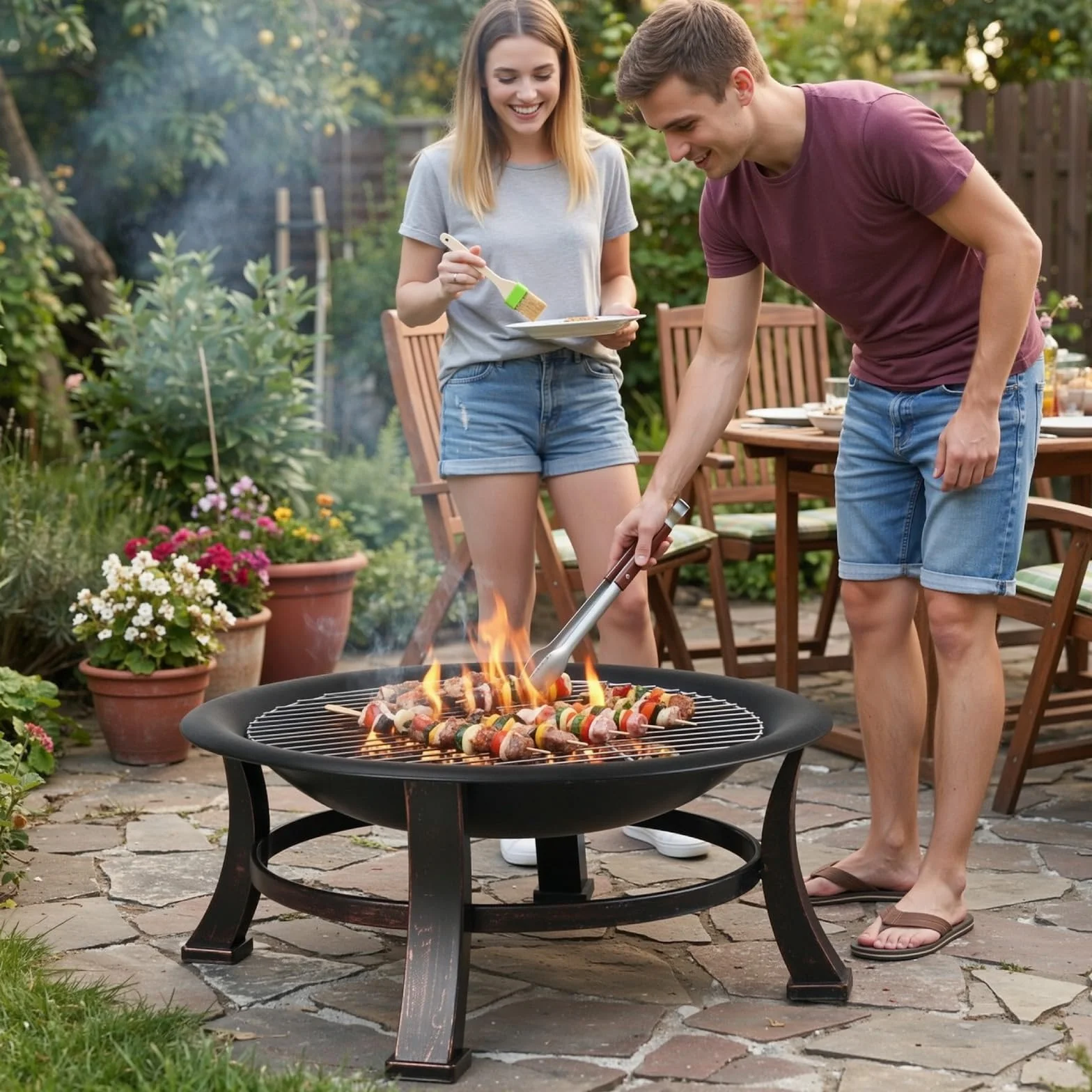 TLGREEN Brasero Exterieur Jardin, Ø 76 cm Pozo de Fuego con Protector de Chispas y Atizador, Brasero Barbacoa con Rejilla para Jardín y Terraza, Parrilla Brasero al Aire Libre de Aspecto Retro