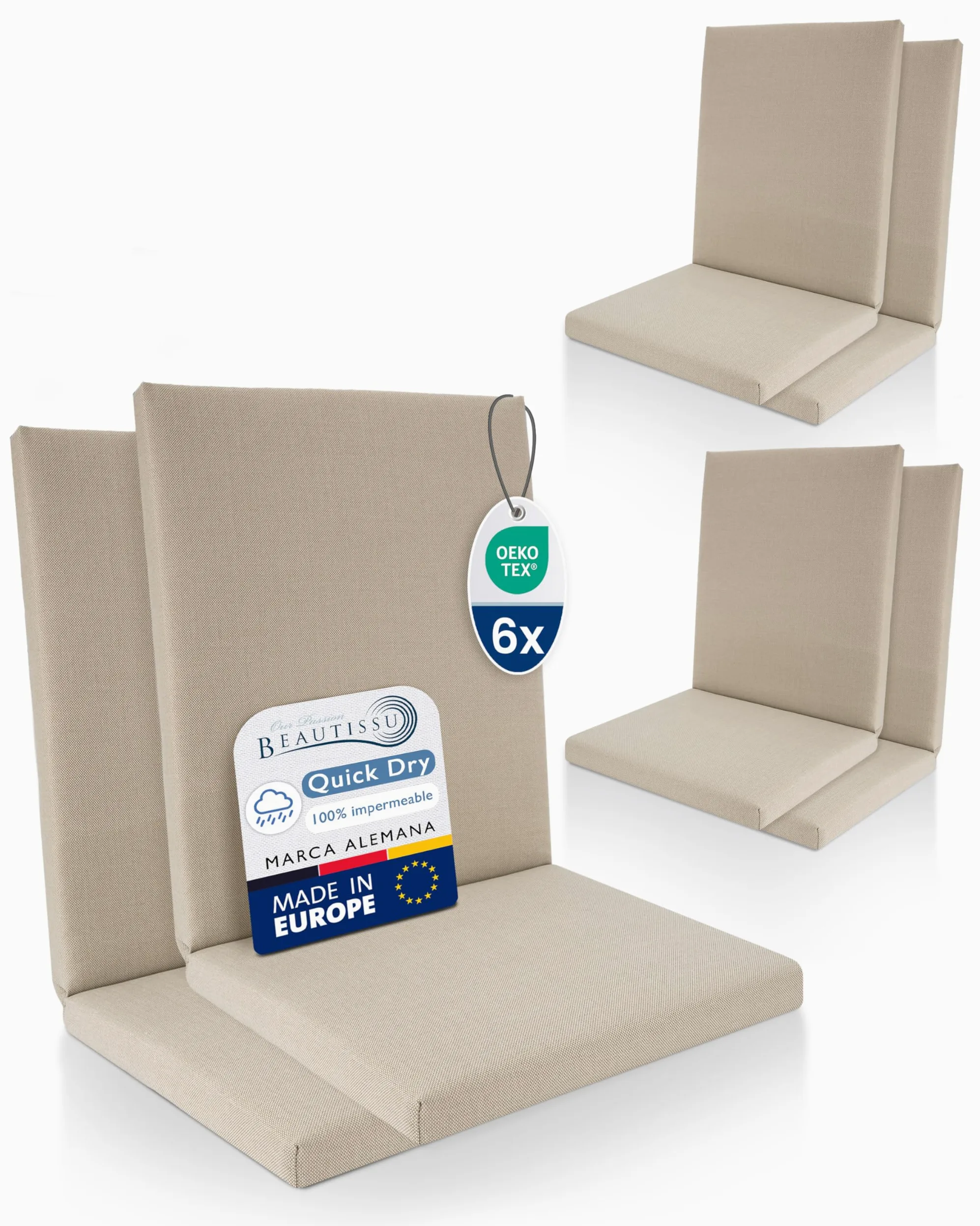 Beautissu Set de 6 Cojines Sillas Jardin con Respaldo Bajo Impermeable | 100x50cm beige 100% cómoda fácil cuidar exterior muebles acolchado secado rápido Premium Cojín Silla asiento terraza QD-NL