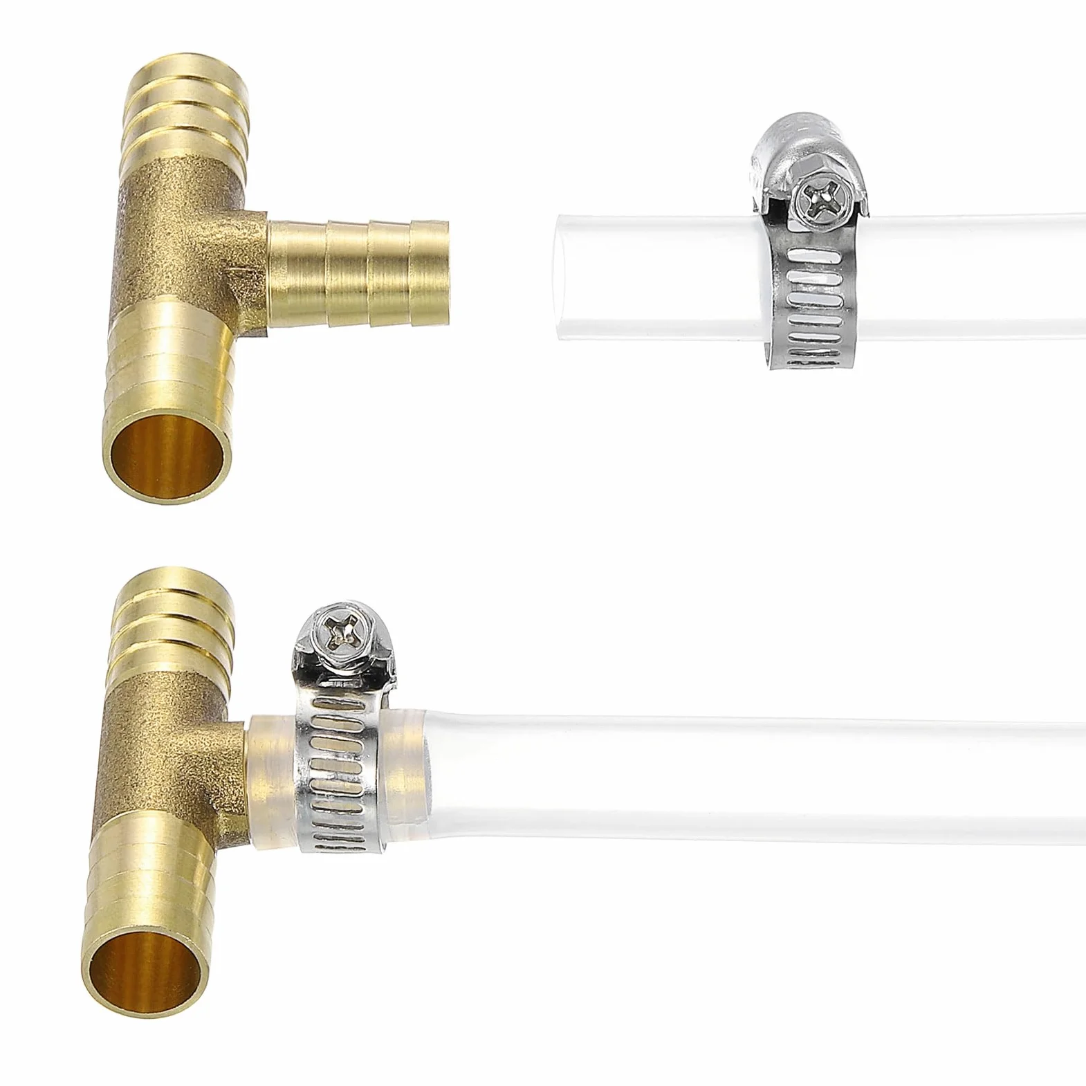 QUARKZMAN 10 piezas de Conectores de Manguera de Latón, Tee de 3 vías 5/8" Barbed x 3/8" Barbed x 5/8" Barbed Reductor de Manguera, Conector de Tee de Latón con 30 abrazaderas de manguera