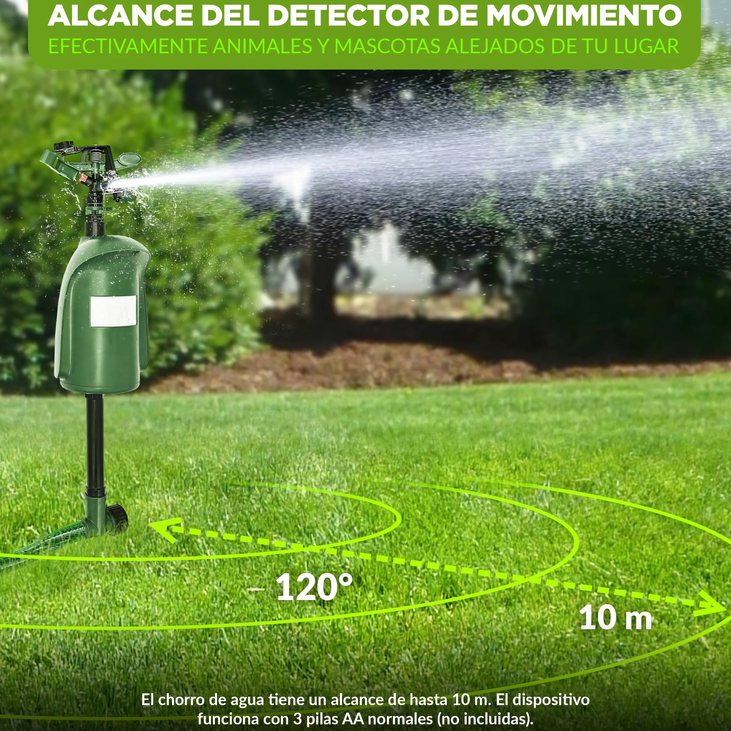 ISOTRONIC Repelente de Animales con Chorro de Agua — Ahuyentador de Gatos y Garzas con Detector de Movimiento 120° — Radio Ajustable para Jardín y Estanque — Defensa Eficaz (2 Unidades)