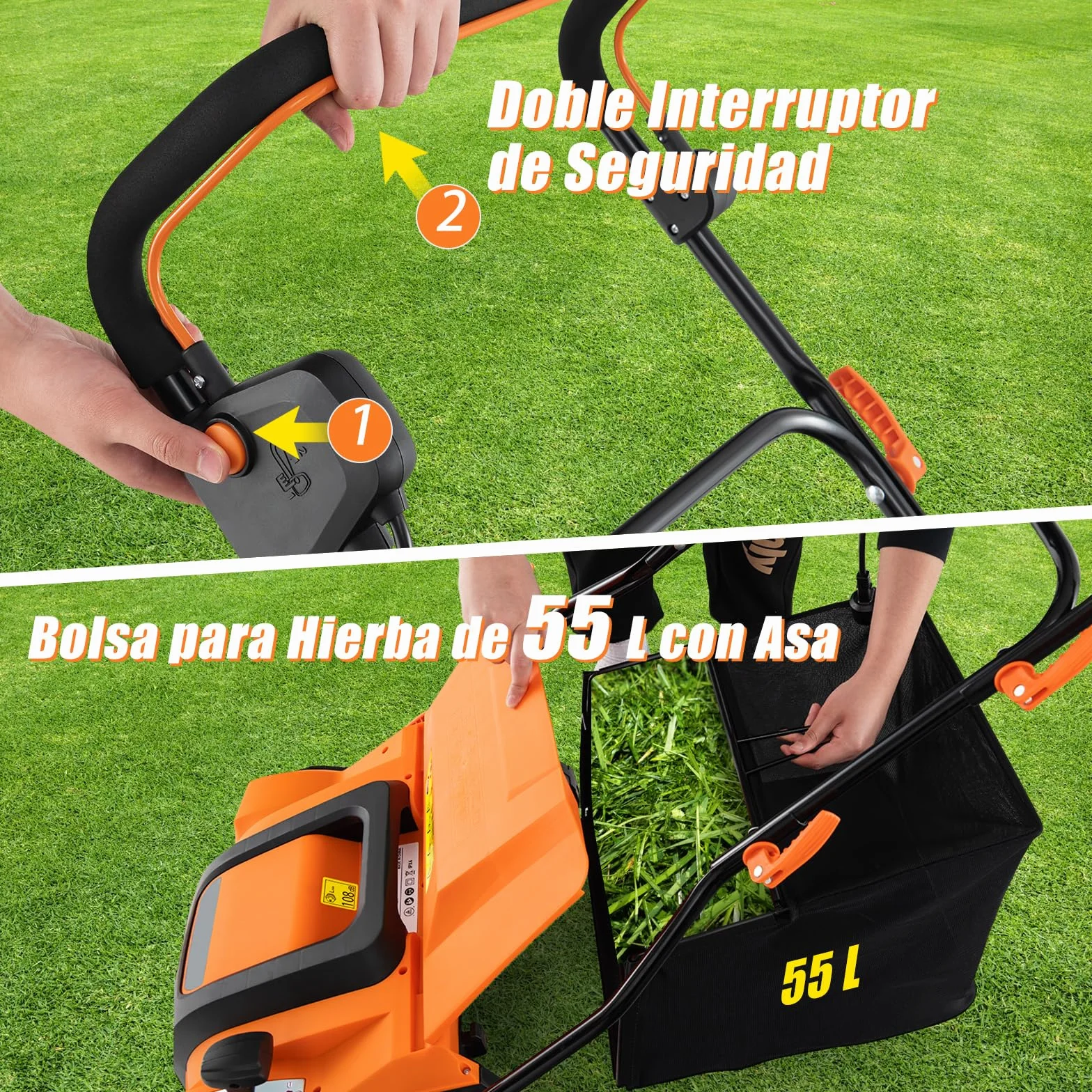 GOPLUS Escarificador Eléctrico, Cortacésped de Empuje con Ajuste de Profundidad de 5 Posiciones, Bolsa de Recolección Desmontable 55 L, Rastrillo Eléctrico Plegable para Cuidado del Césped (Naranja)