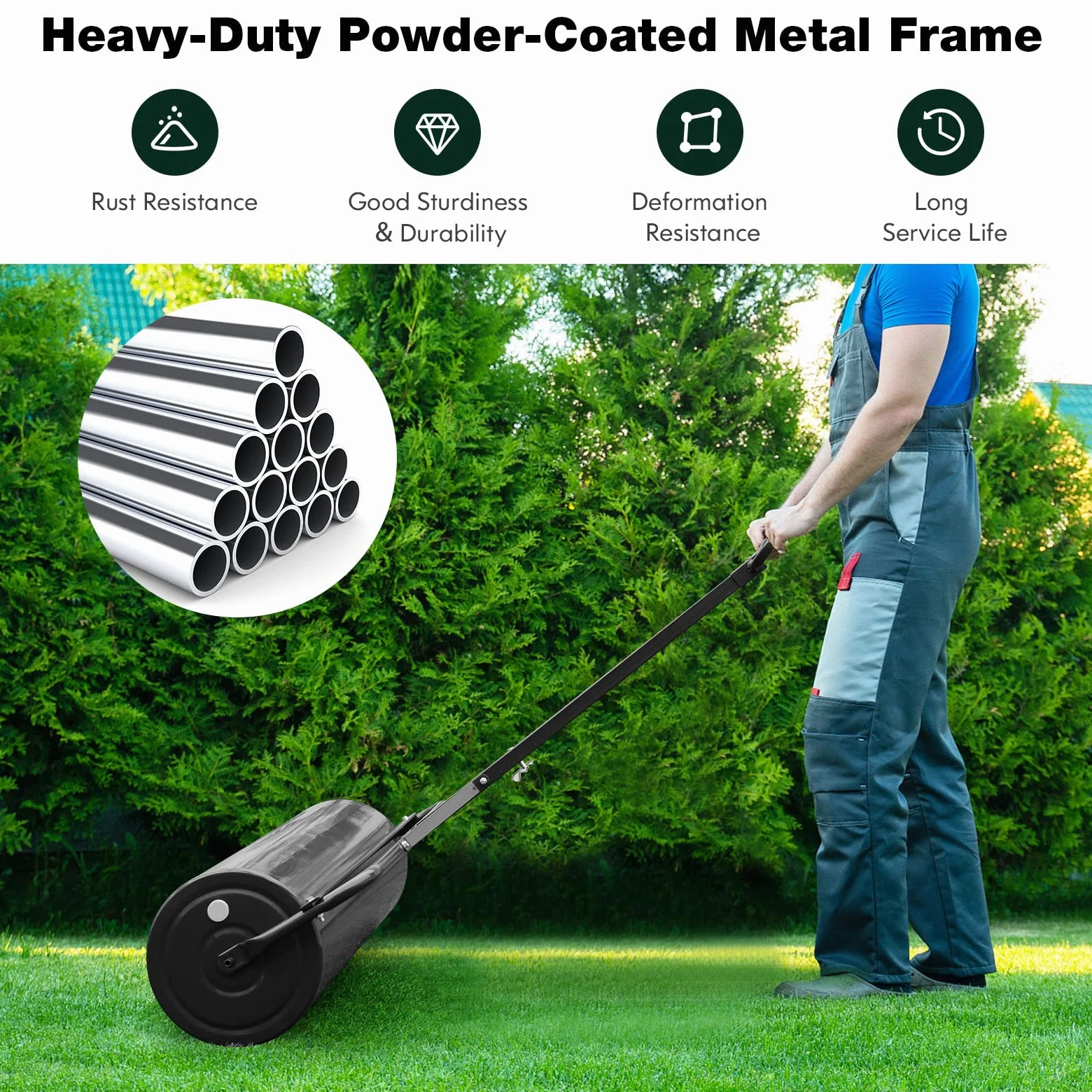 Rodillo para césped de jardín de 48L/60L/63L, Herramienta de Empuje de Gran Capacidad para césped, Tambor Resistente y desagüe extraíble, se Puede llenar con Agua o Arena, Acero galvanizado