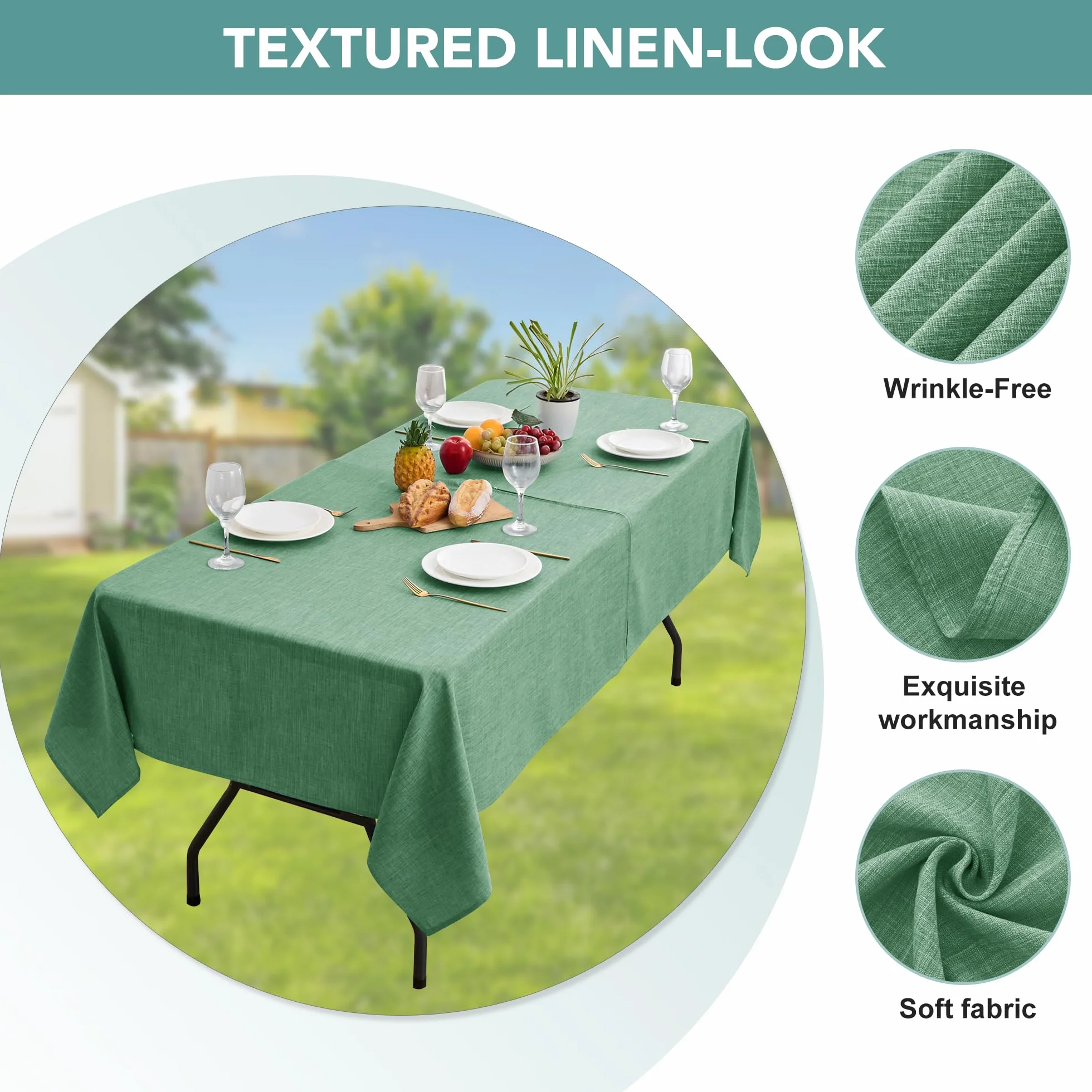 LUSHVIDA Mantel para Exteriores con Agujero para Paraguas, Mantel Rectangular con Cremallera, 152 x 213 cm, Lino sintético Verde Salvia, Resistente al Agua, para Picnic al Aire Libre