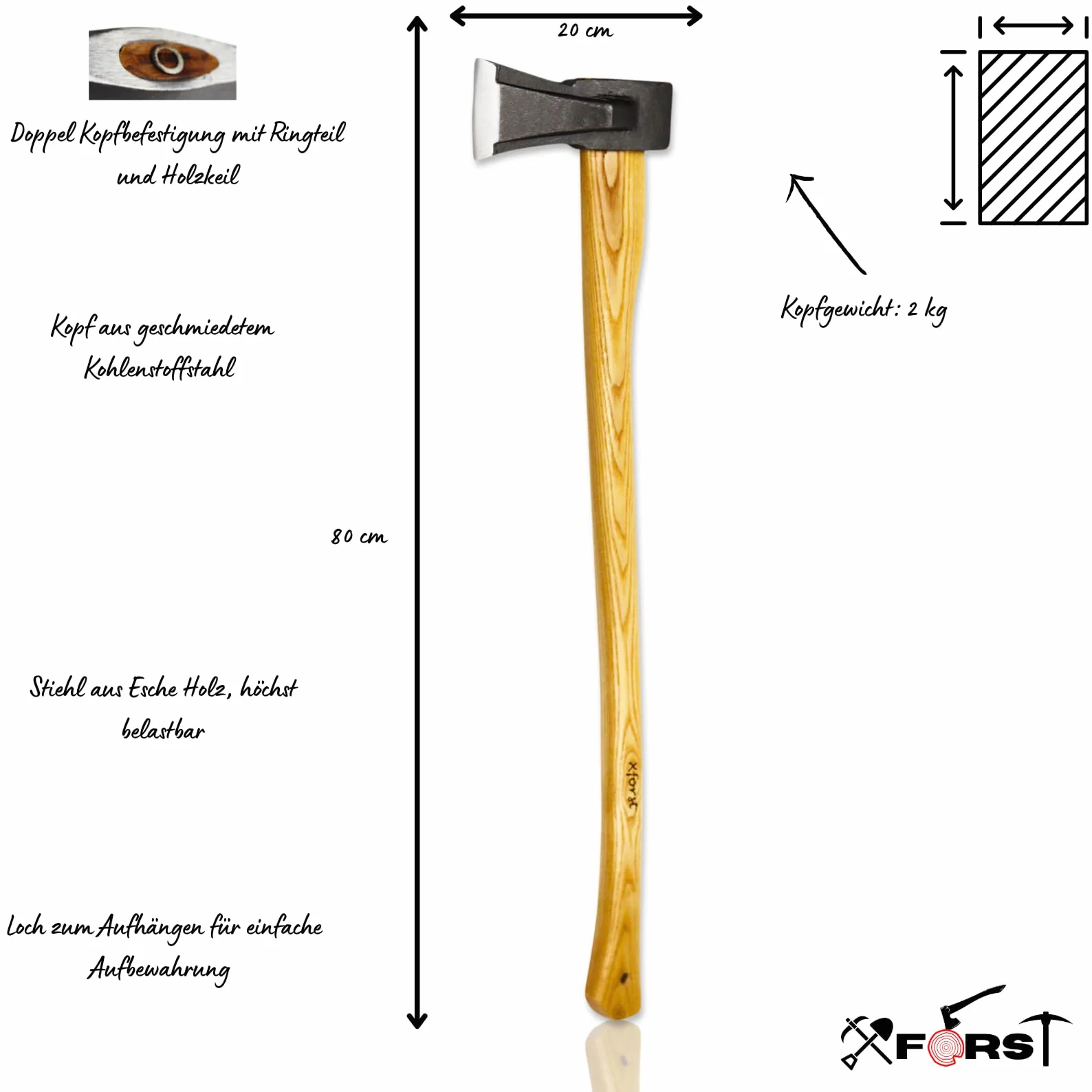 Hacha Xforst Vizcaina con Mango de Madera de 80 cm y una Hoja de Acero al Carbono Pulido de 2,6 kg. Incluye una Funda de Cuero marrón. Modelo X-UW12M