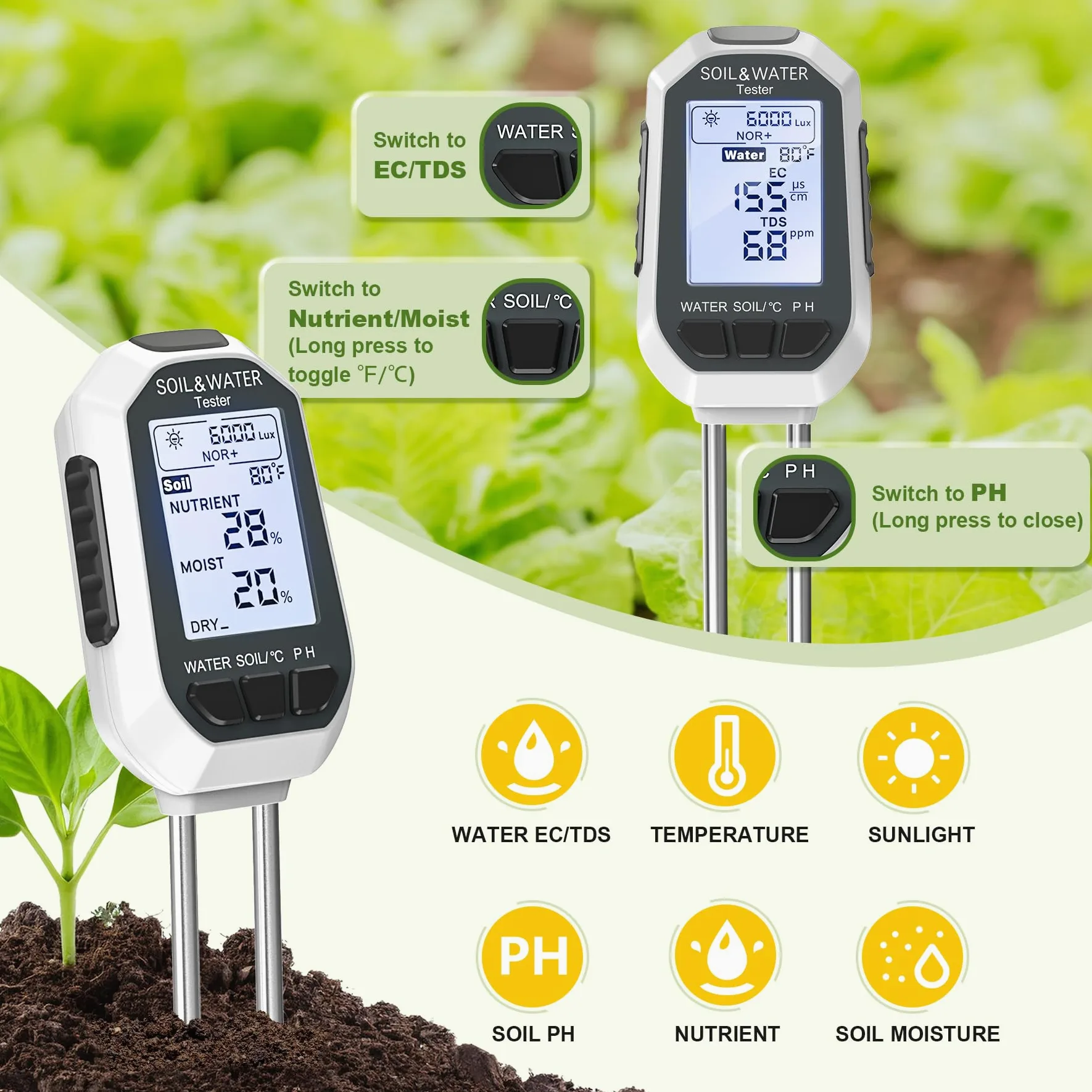Analizador de suelo 7 en 1: mide la calidad del agua, el pH, la humedad, la temperatura, la luz, los nutrientes, la conductividad, etc. Apto para interiores, jardines y exteriores.