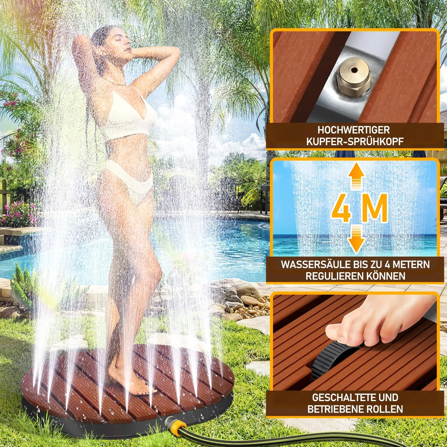 Ducha de suelo de jardín con rueda de pie y boquillas de cobre, ducha de piscina de hasta 4 m de altura de fuente, ducha exterior de aluminio, antideslizante, resistente a la intemperie