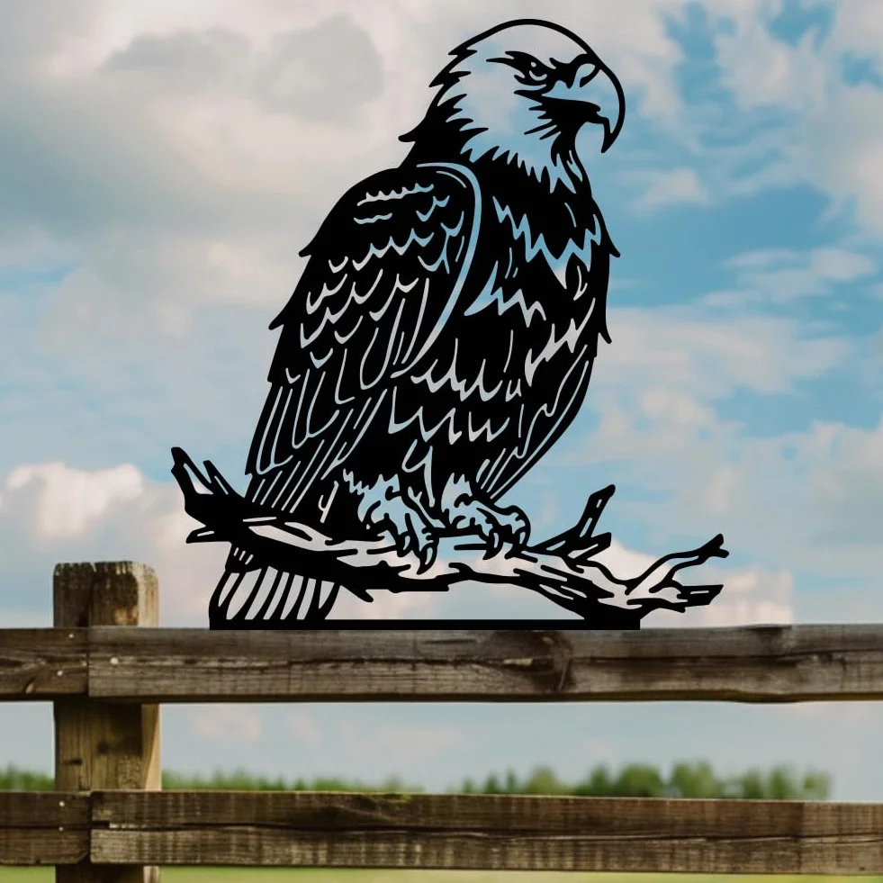 WADORN Águila metal jardín patio decoración arte pájaro sobre rama hierro decorativo jardín estacas animales salvajes silueta negra decoración de valla al aire libre para árbol adornos de pared patio