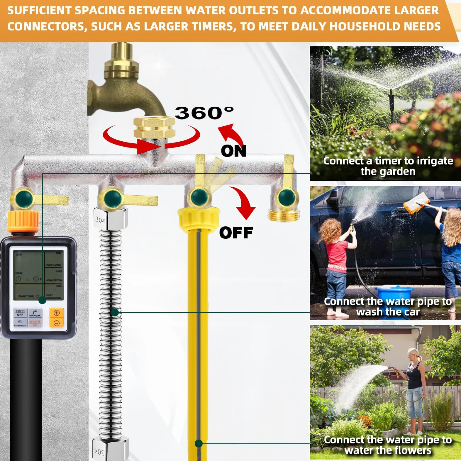 Divisor de manguera de jardín, divisor de grifo de 4 vías, adaptador de manguera divisor de grifo de latón resistente de 3/4 pulgadas, conector de grifo de mango de metal extendido con válvulas