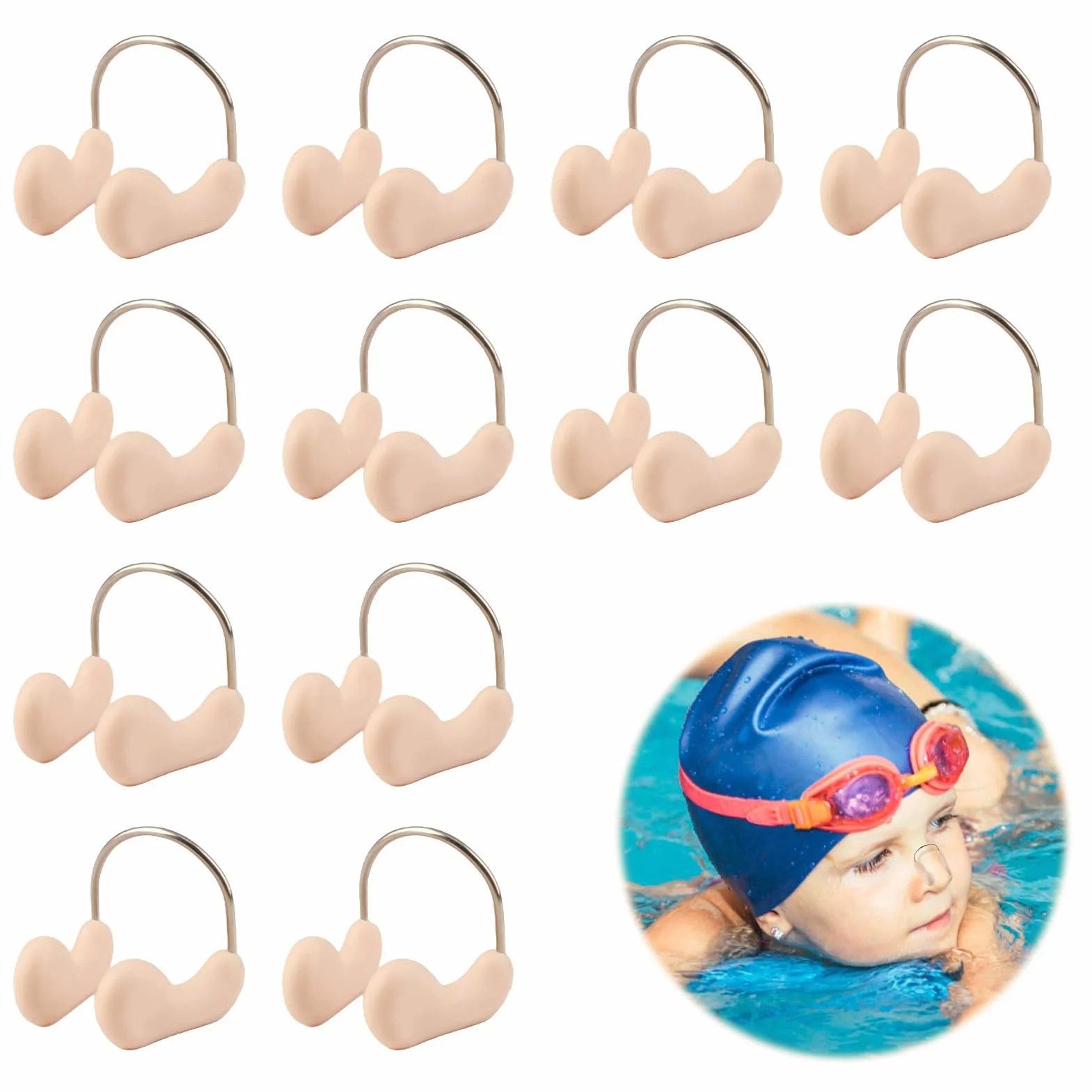 Pinzas Nasales de Silicona para Natación, Impermeables, Set de 12, Beige