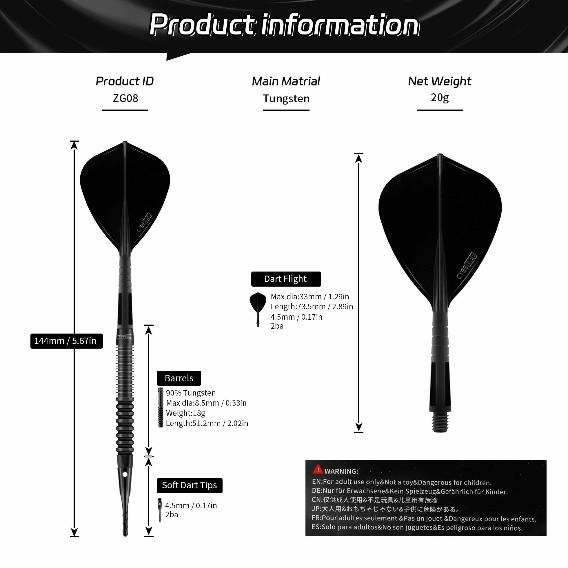 Dardos CyeeLife 90% tungsteno 3 Unidades Juego Profesional con Plumas cañas y Puntas Negro
