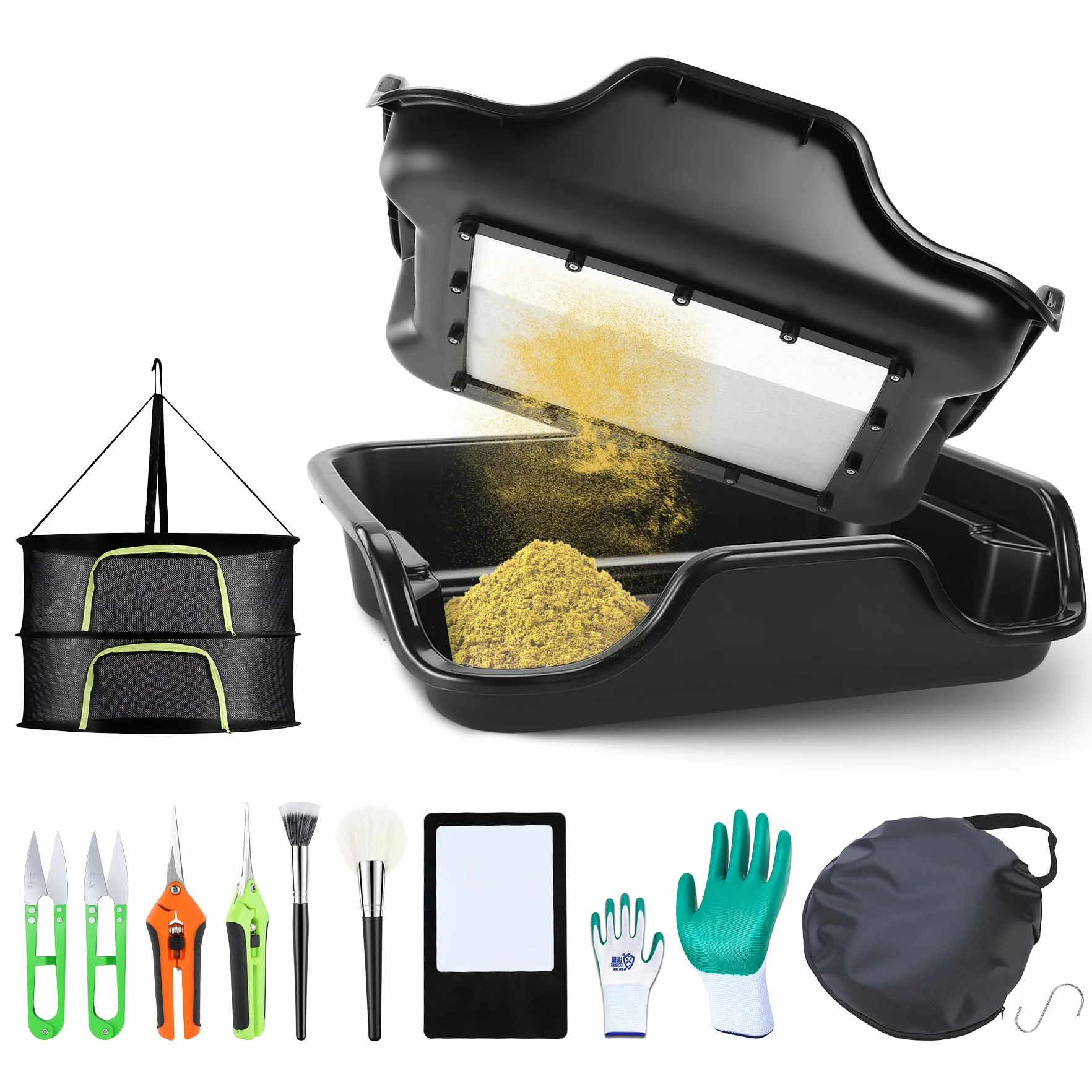 Trim Tray, Premium Trim Bin Set con 150 micras Filtro de Polen, de Recortar ergonómico, Incluye 4 Pares de Tijeras, 2 cepillos antiestáticos, Lupa de Mapa, Red de Secado de 2 Niveles