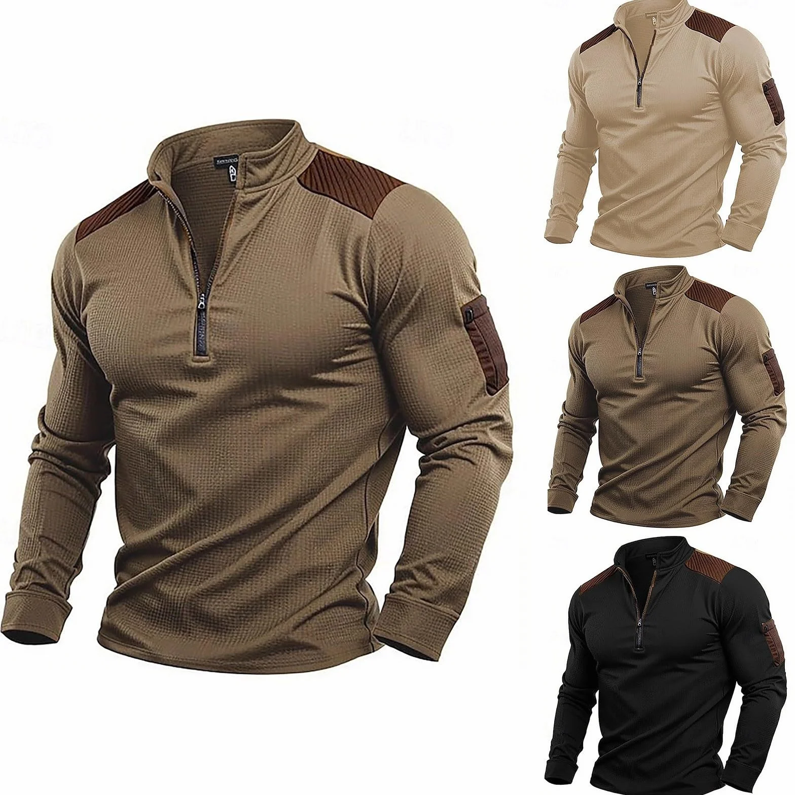 Camiseta táctica de combate para hombre, manga larga, cuello con cremallera, camuflaje, paintball, airsoft, militar