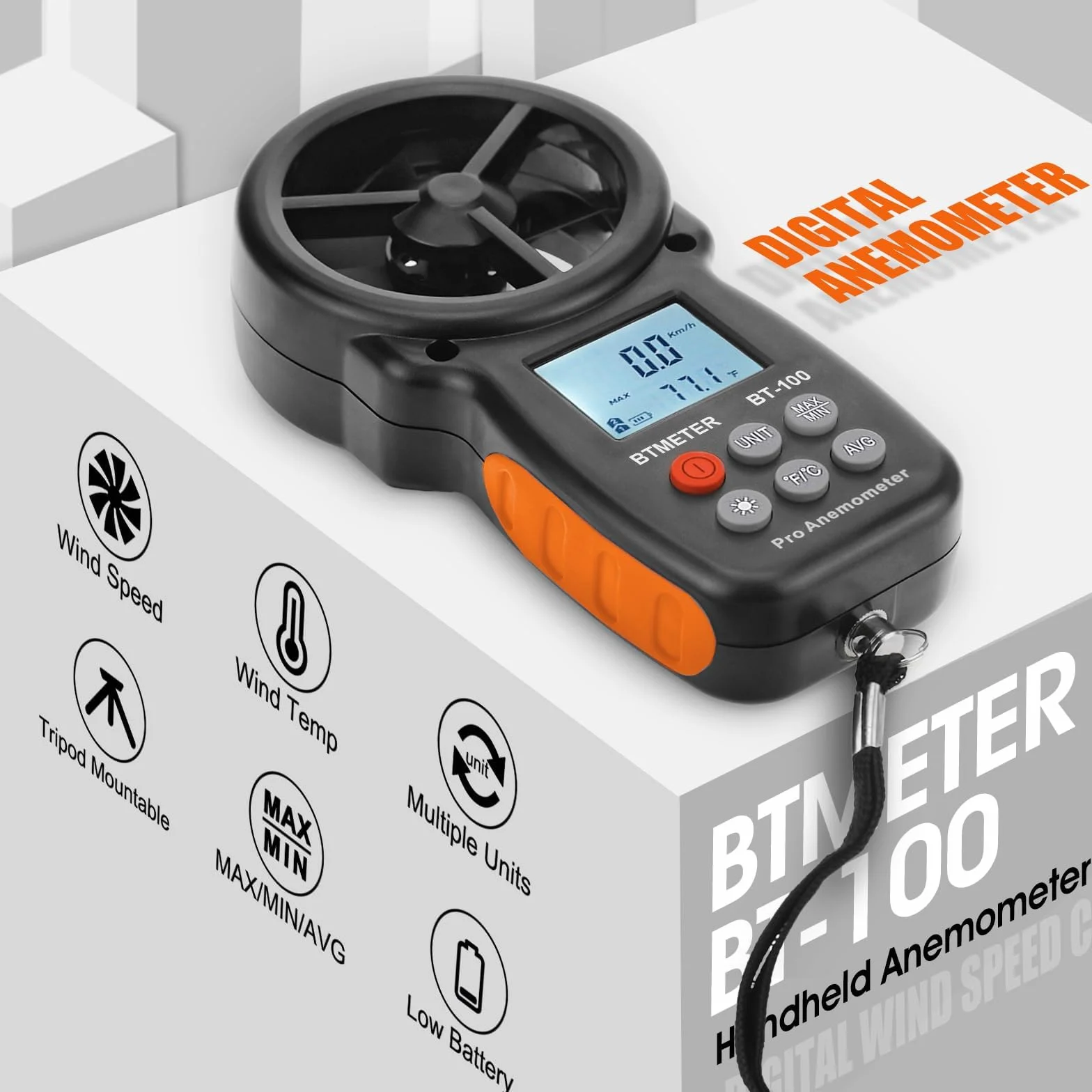 BTMETER BT-100 Anemómetro Portatil, Digital Anemómetro de Mano del viento de Pantalla LCD Medidor de Velocidad Viento Aire con Luz de Fondo MAX/MIN para Vela