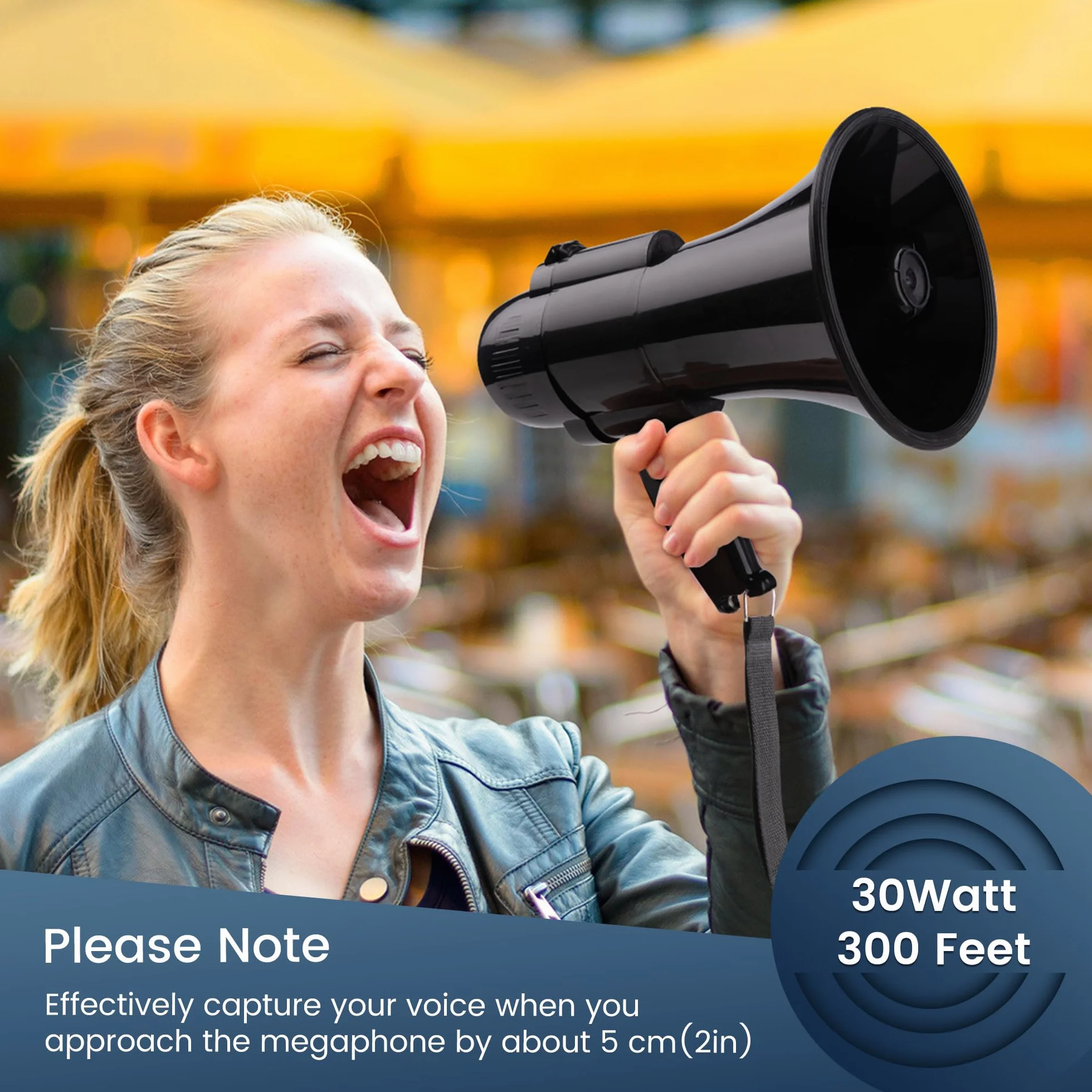 Megáfono Bullhorn 30W portátil altavoz voz sirena alarma grabación 240S control volumen correa negro