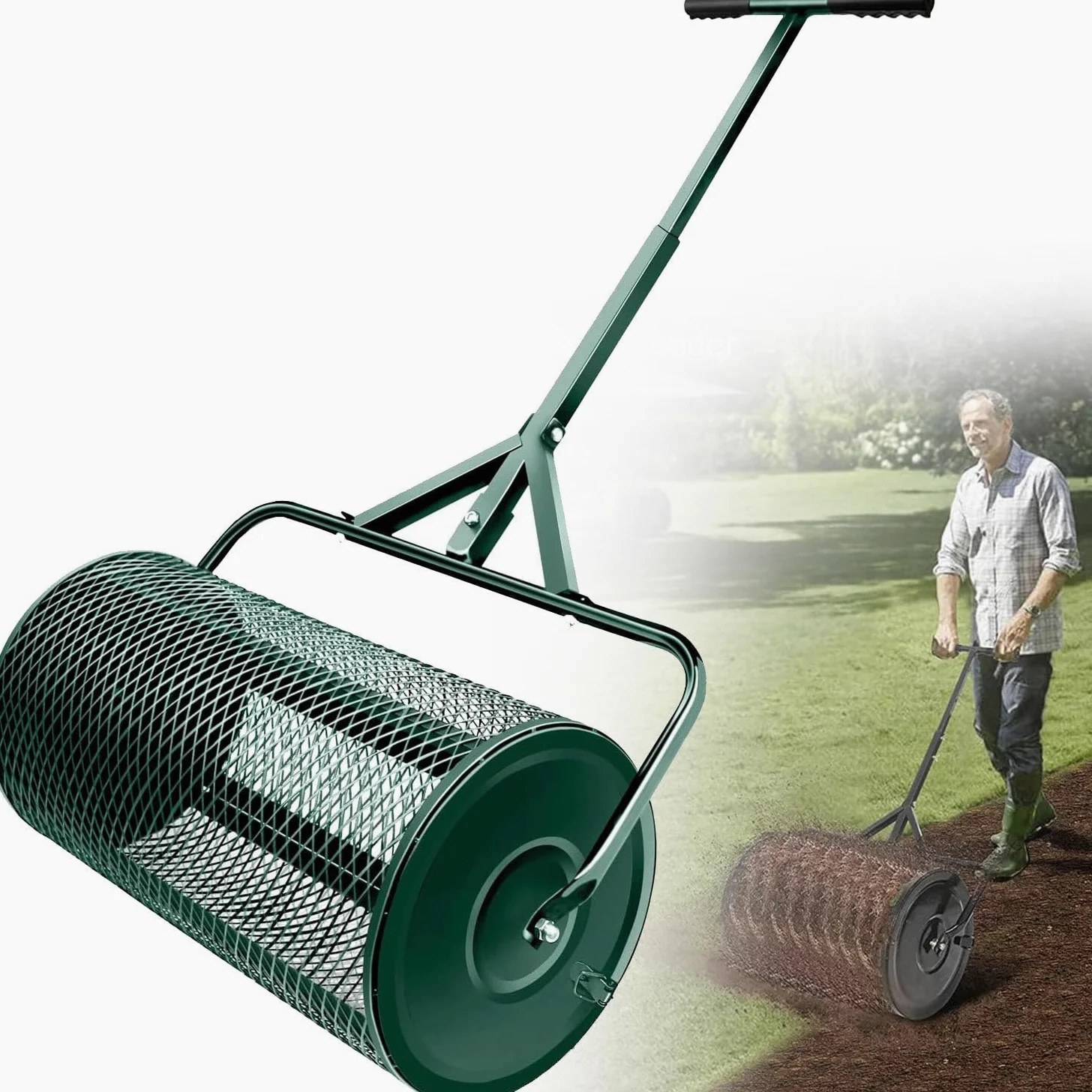 Esparcidor de abono, esparcidor de turba con mango ajustable en forma de T, esparcidor de malla metálica para césped y jardín, esparcidor de estiércol antioxidante para plantar y sembrar,Green