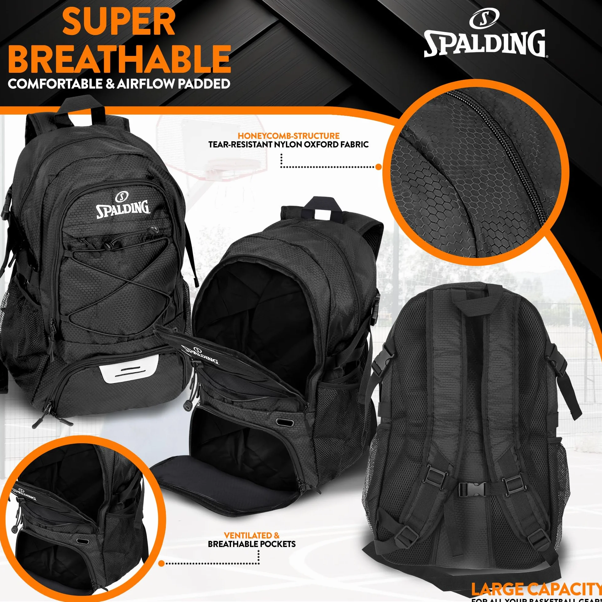 Spalding Mochila de Baloncesto Negra Compartimento Zapatos Pelota