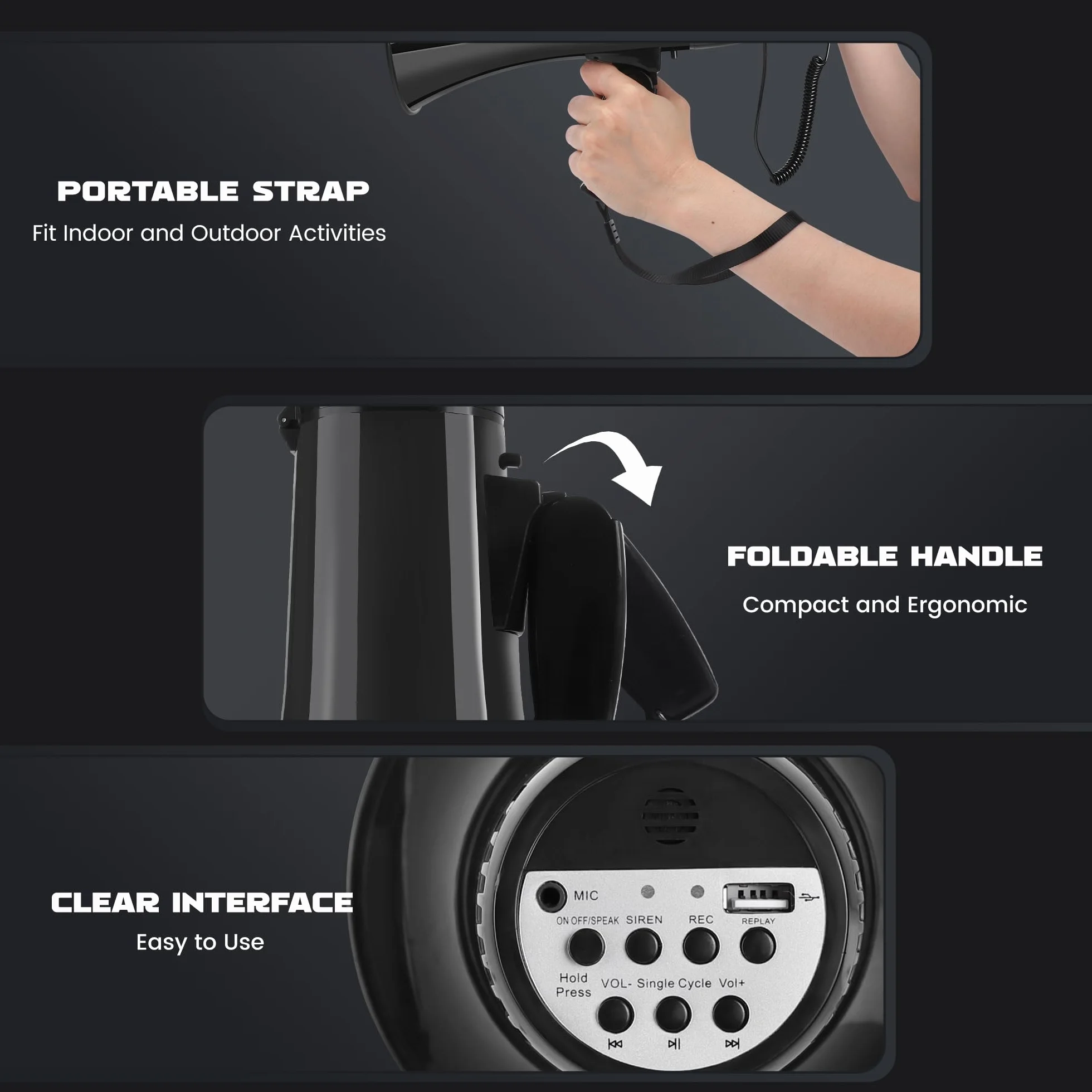 Megáfono Altavoz PA Bullhorn con Micrófono Desmontable, Sirena, USB y Grabación 240S