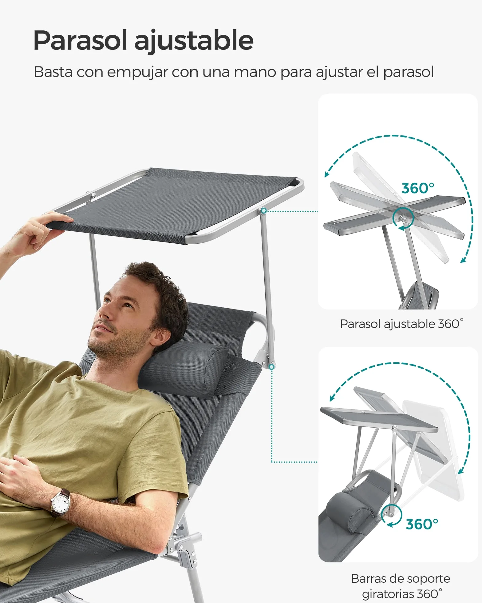 SONGMICS Tumbona, Tumbona Reclinable, 193 x 53 x 29 cm,Carga de 150 kg, con Reposacabezas de Protección Solar y Respaldo Reclinable, para Terraza, Piscina, Jardín, Gris Oscuro GCB19UV1