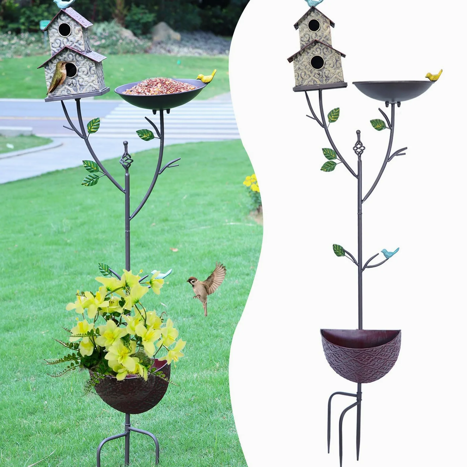 Combo de baño para pájaros y casa de pájaros para exteriores de 56.3 pulgadas con maceta, baño de metal para pájaros con casa para pájaros y maceta 3 en 1, adecuado para decoración de jardín,