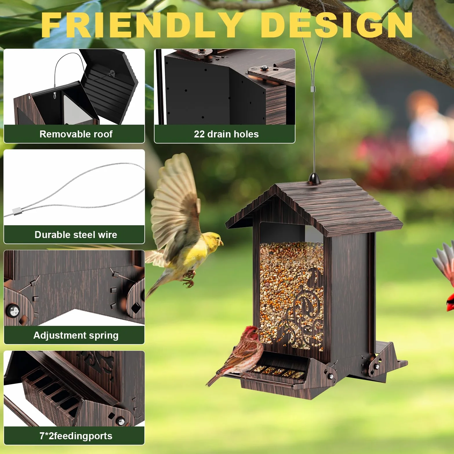 Comedero para pájaros a prueba de ardillas para colgar al aire libre, comedero de semillas de pájaros de metal con perchas bilaterales activadas por peso, comederos de pájaros silvestres de gran