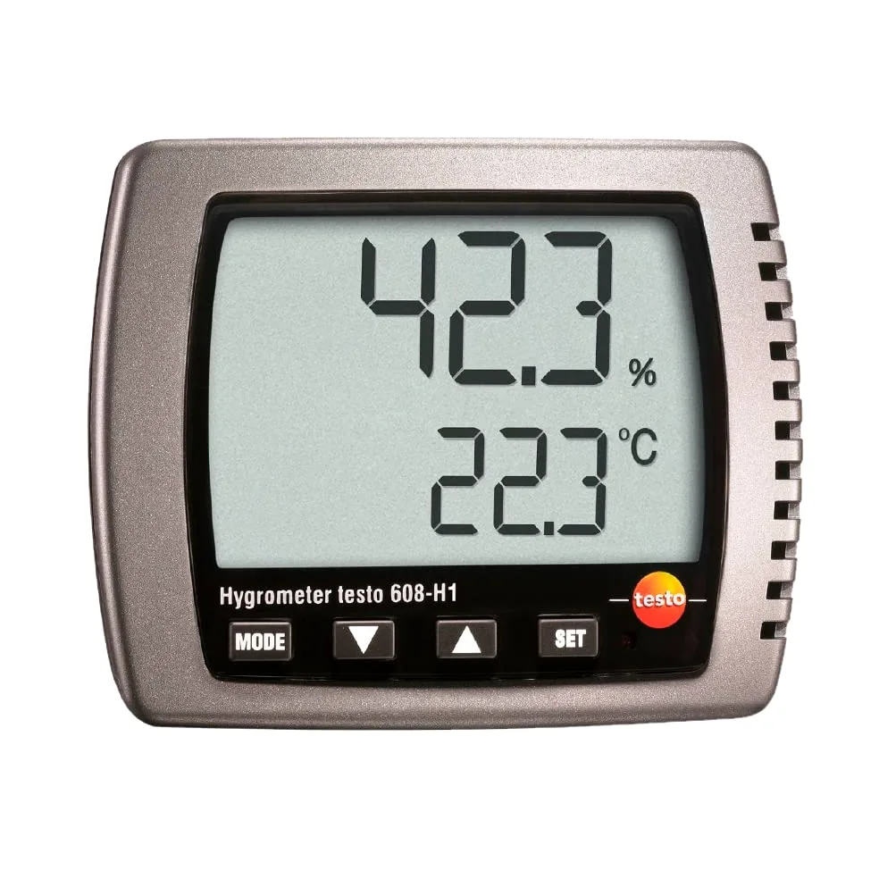 Termohigrómetro digital (rango de temperatura: 0 a 50 °C y rango de humedad: 10 a 95% HR) para invernaderos y espacios industriales. Incluye certificado de calibración de fábrica. Modelo: Testo 608H1