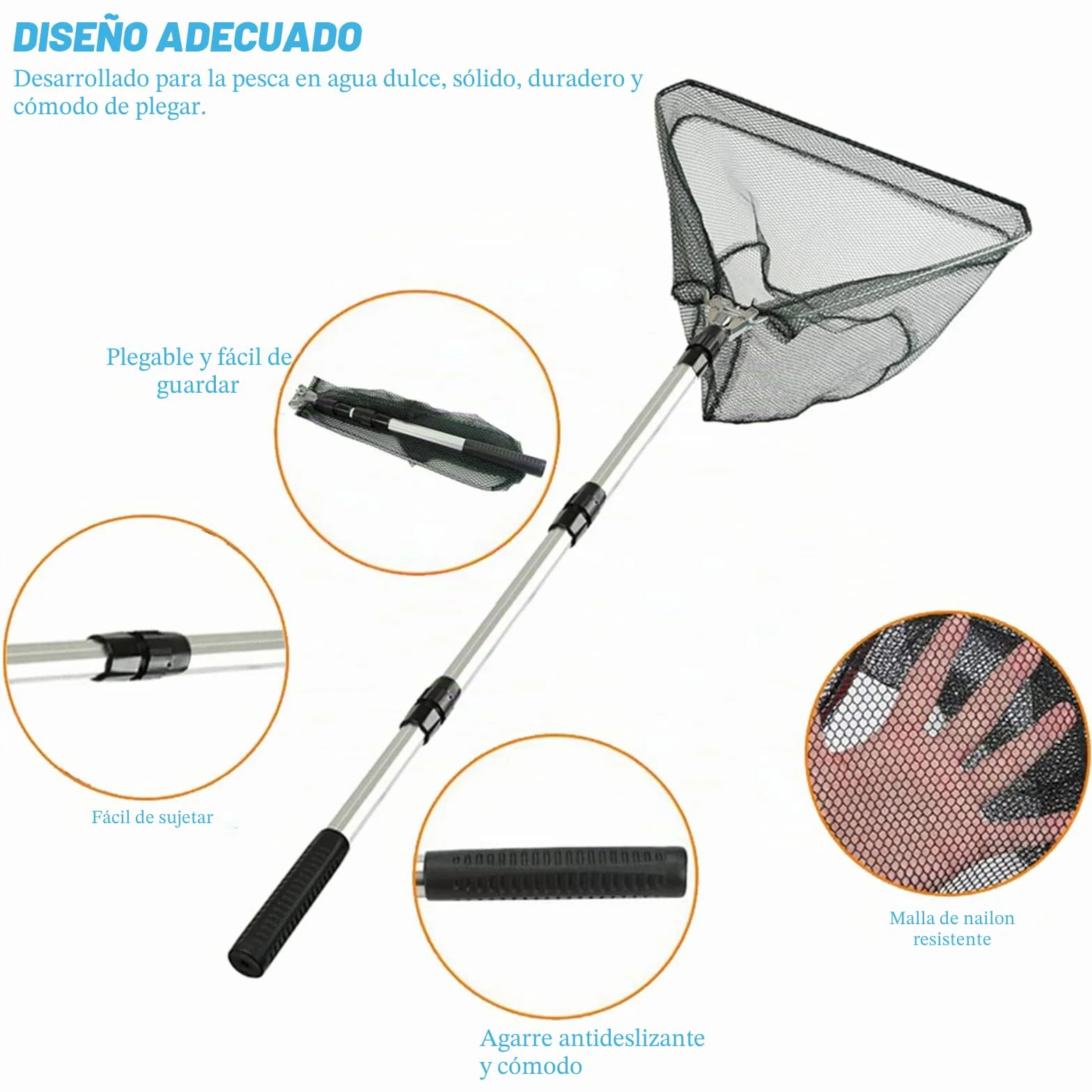 Red de Pesca de Acero Inoxidable Triangular Plegable 1,9 m Mango Telescópico Extensible