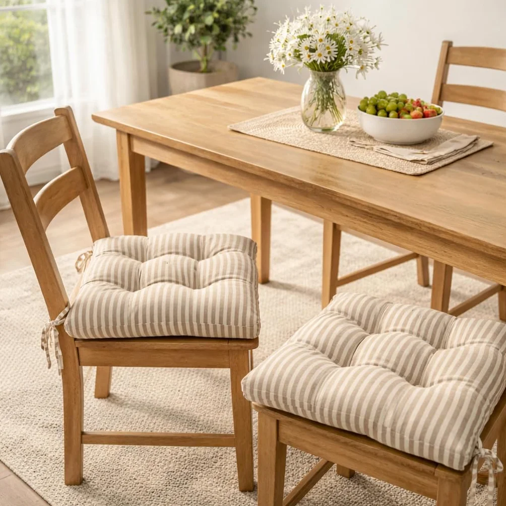Viste tu hogar Pack 4 Cojines para Silla, 40x40x5 CM, Efecto Tridimensional, Relleno de 100% Poliéster, Ideal para Comedor, Terraza, Salón y Restaurante, Color Raya Beige, Fabricado en España
