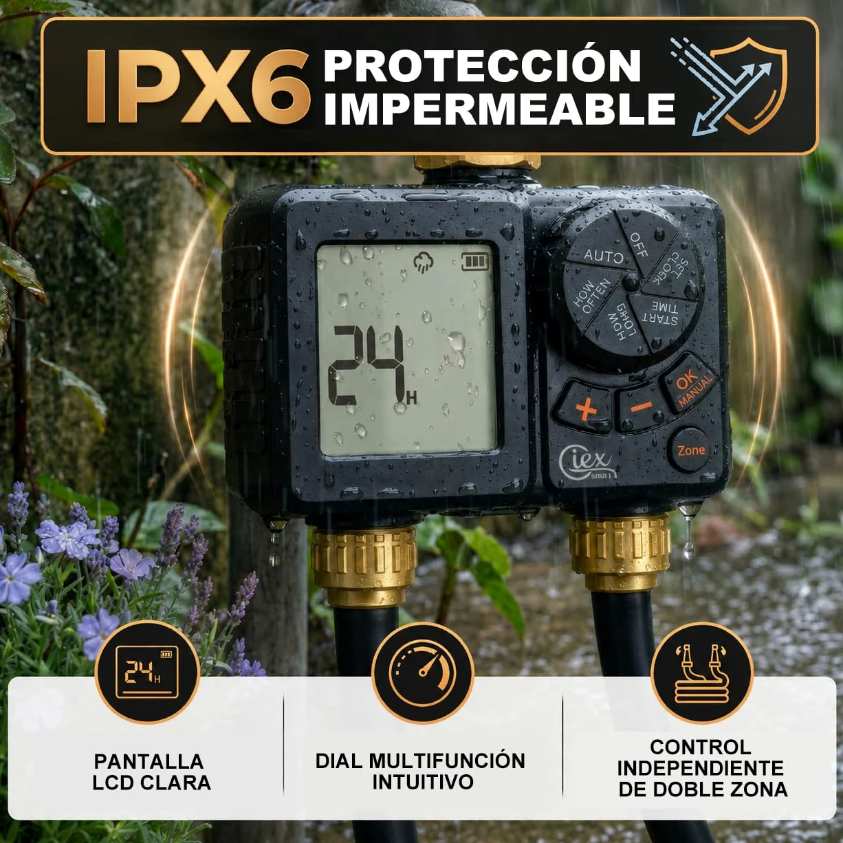 GIEX - Ordenador de riego de 2 vías, temporizador de riego recargable, 2 zonas con conexión de latón, temporizador de agua programable con IP66, retardo de lluvia y riego manual para jardín, césped