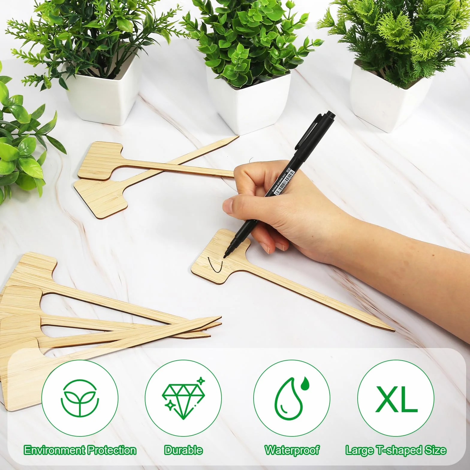 Cartel para plantas de madera con rotulador para plantas, de bambú, extralargo, en forma de T, para verduras, hierbas, flores, (altura: 18 cm x ancho: 6 cm)